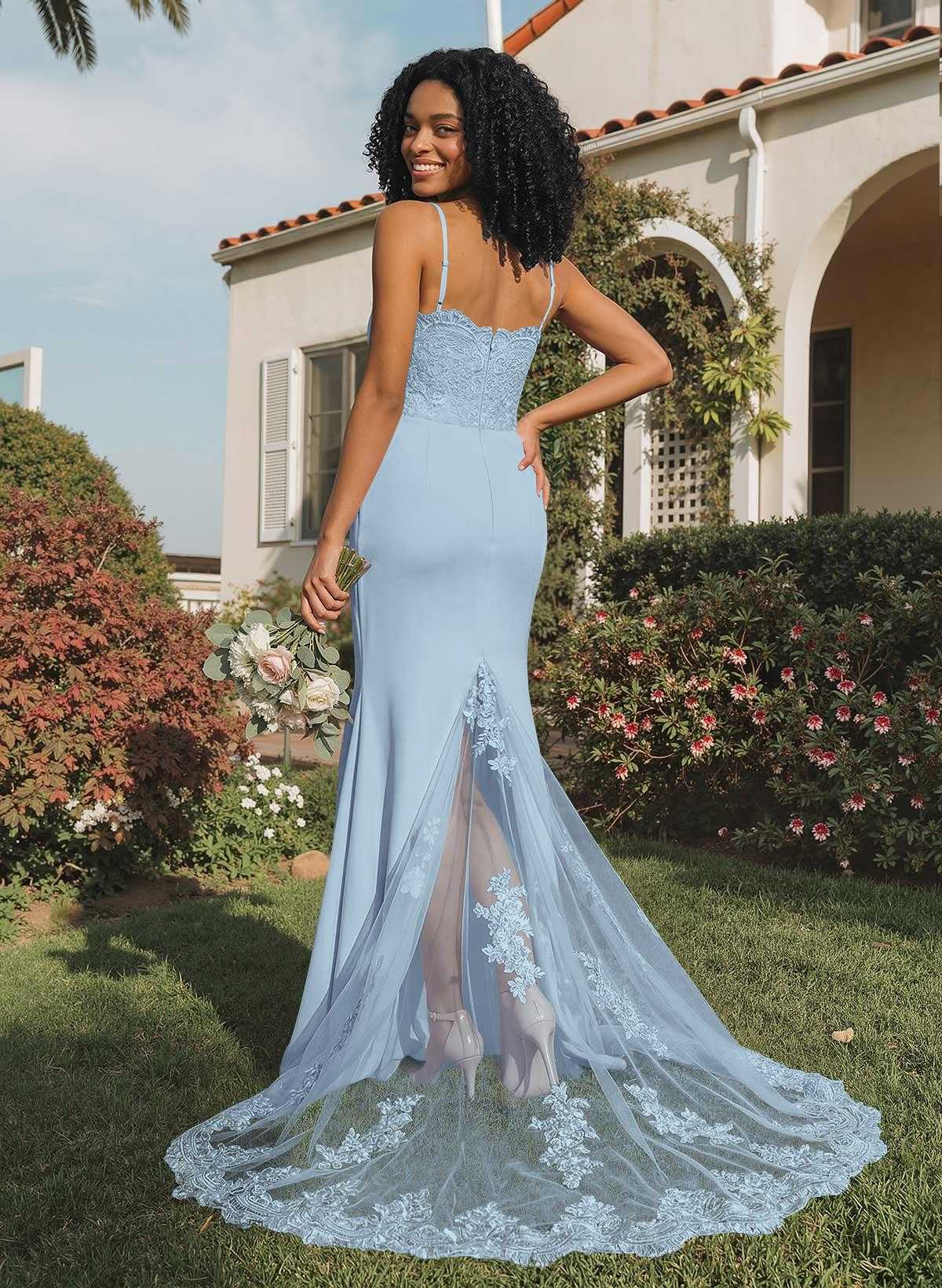 Trumpet/Mermaid Sweetheart Elastic Satin Bridesmaid Dresses With Appliques Lace, product image 17