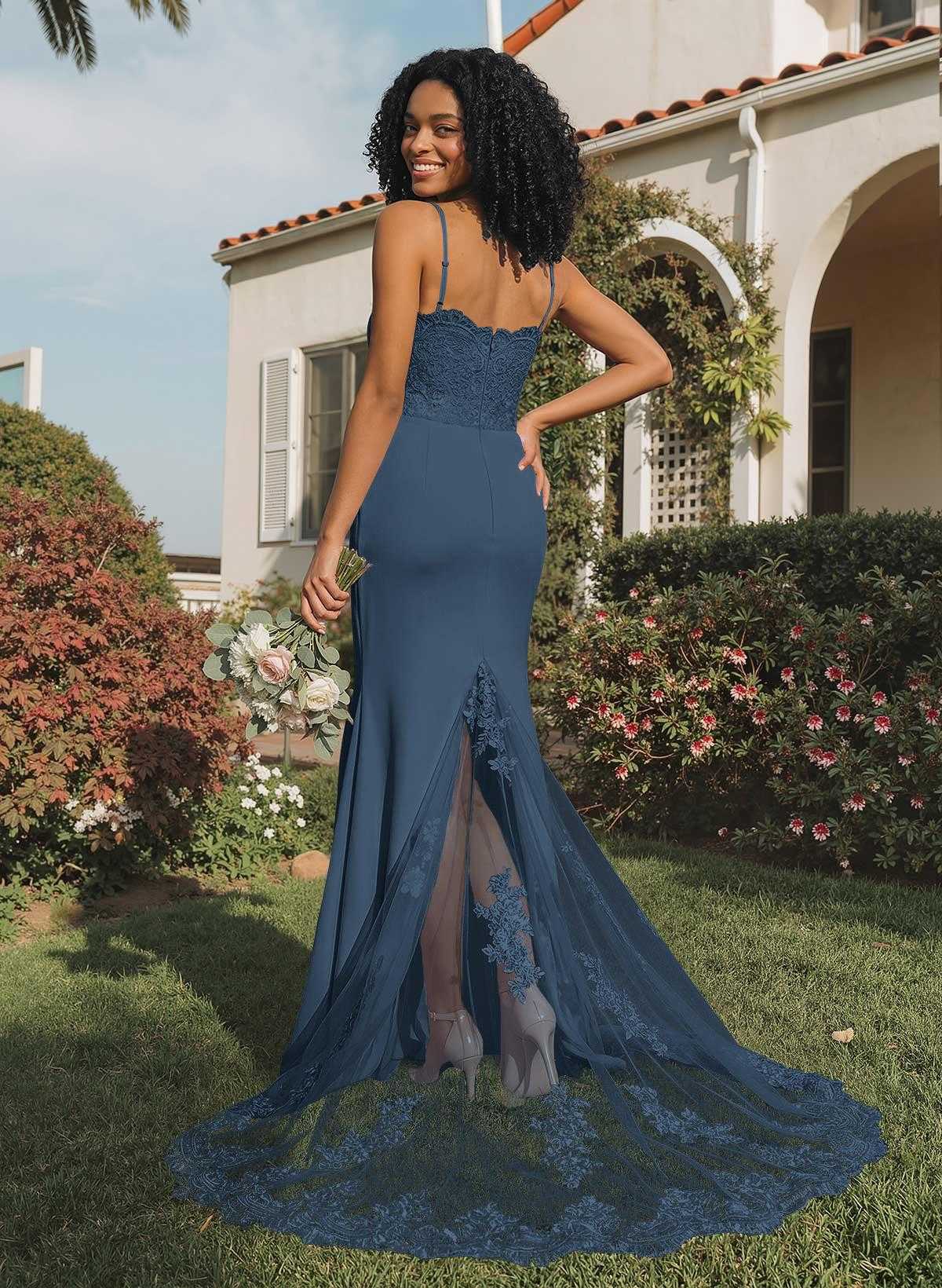 Trumpet/Mermaid Sweetheart Elastic Satin Bridesmaid Dresses With Appliques Lace, product image 56