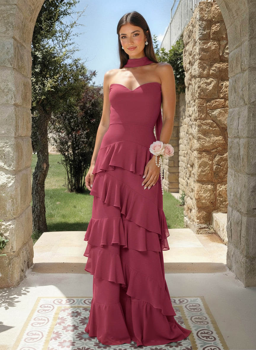A-Line Sweetheart Floor-Length Chiffon Bridesmaid Dresses With Cascading Ruffles, product image 23