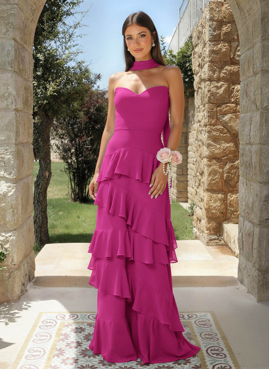 A-Line Sweetheart Floor-Length Chiffon Bridesmaid Dresses With Cascading Ruffles, product image 50