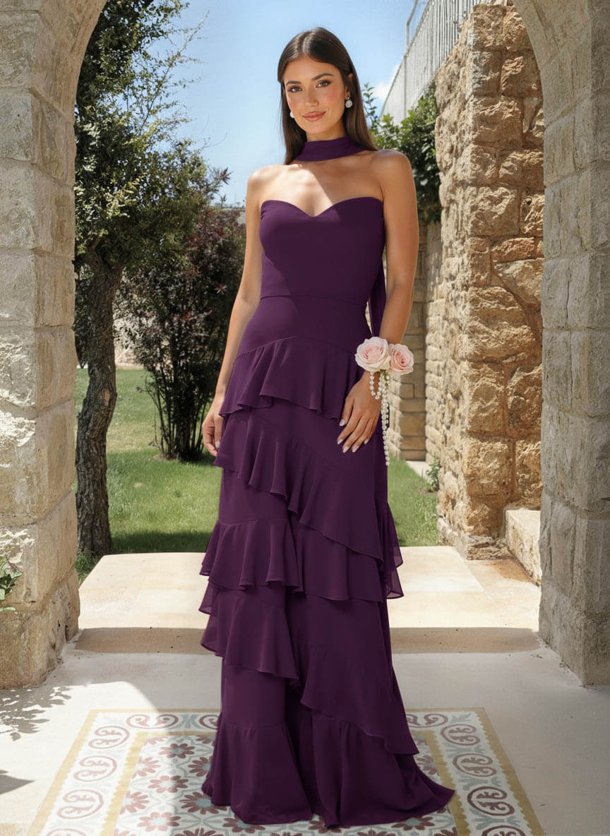 A-Line Sweetheart Floor-Length Chiffon Bridesmaid Dresses With Cascading Ruffles, product image 45