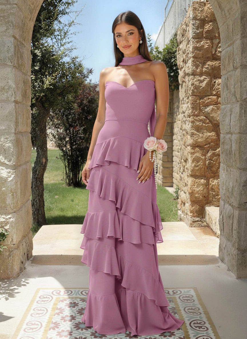 A-Line Sweetheart Floor-Length Chiffon Bridesmaid Dresses With Cascading Ruffles, product image 40