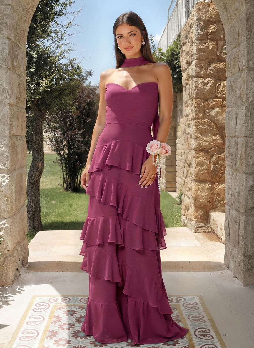 A-Line Sweetheart Floor-Length Chiffon Bridesmaid Dresses With Cascading Ruffles, product image 25