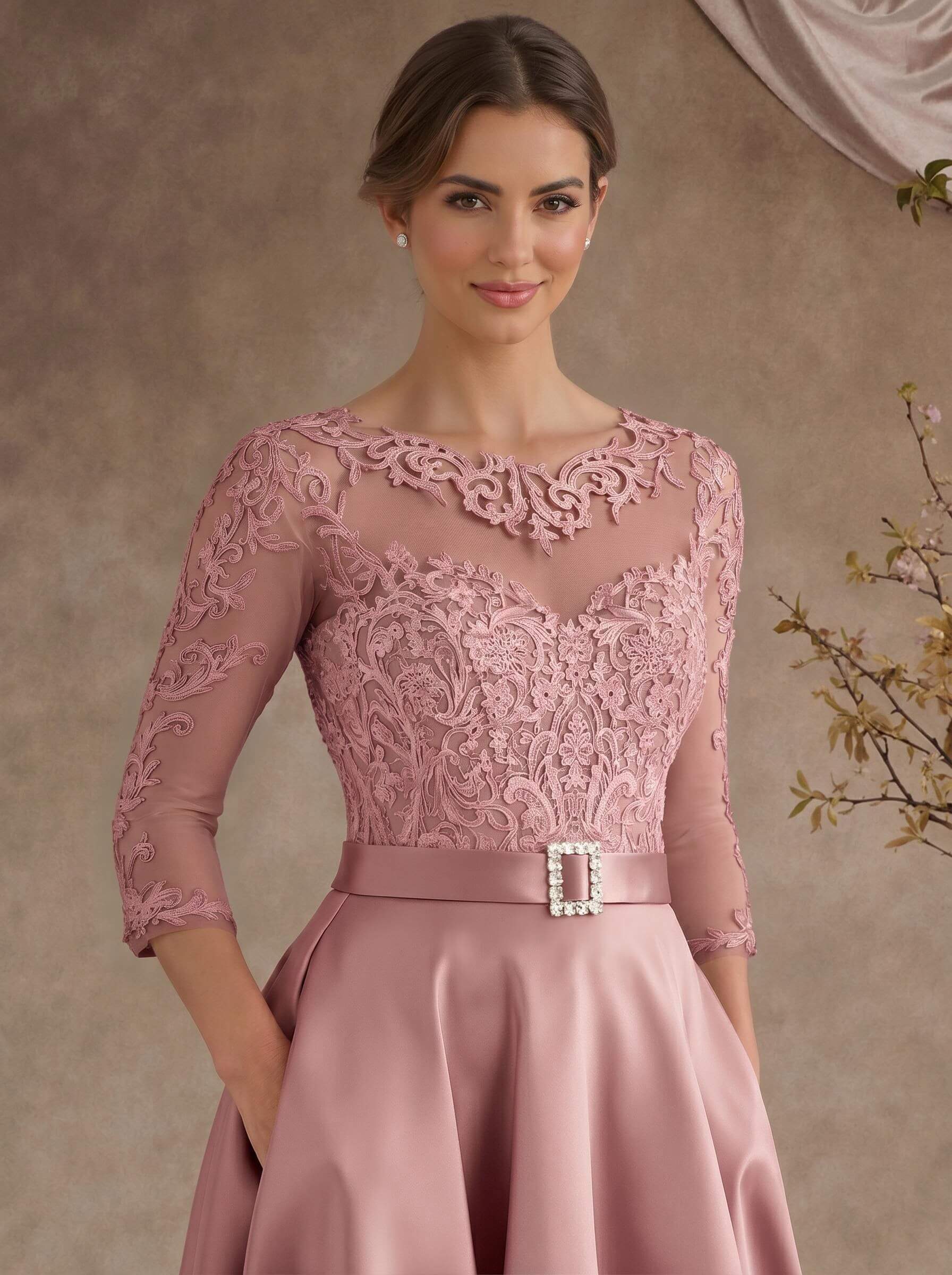 A-Line Illusion Neck 3/4 Sleeves Floor-Length Satin Mother Of The Bride Dresses With Flower(s)