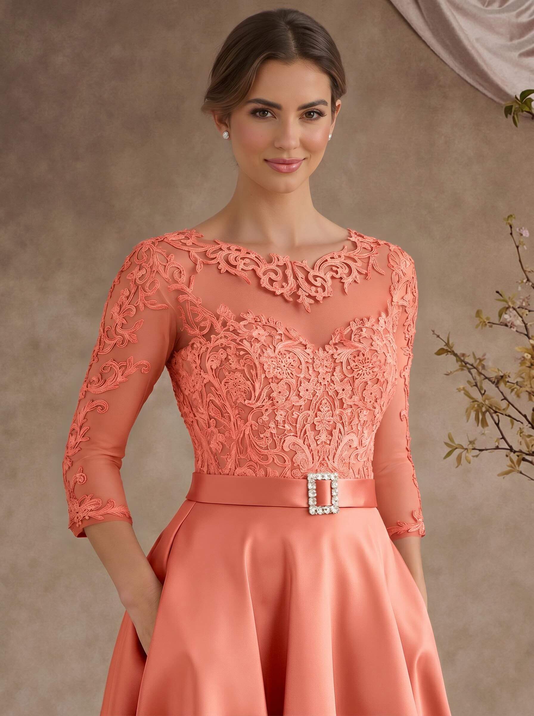 A-Line Illusion Neck 3/4 Sleeves Floor-Length Satin Mother Of The Bride Dresses With Flower(s)