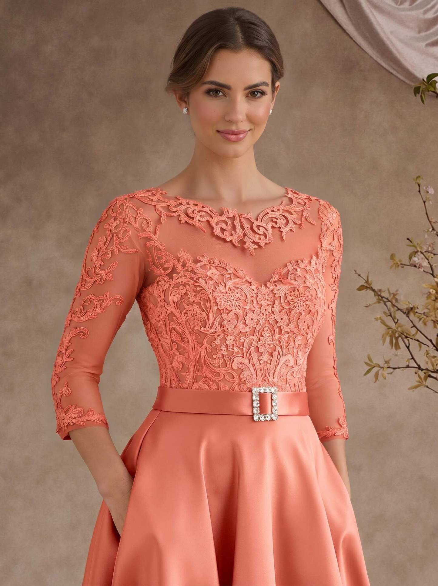 A-Line Illusion Neck 3/4 Sleeves Floor-Length Satin Mother Of The Bride Dresses With Flower(s)