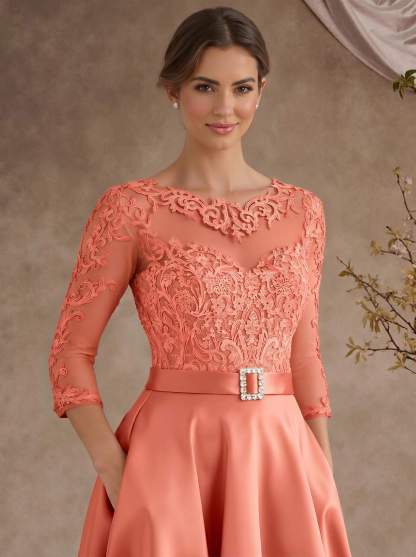 A-Line Illusion Neck 3/4 Sleeves Floor-Length Satin Mother Of The Bride Dresses With Flower(s)