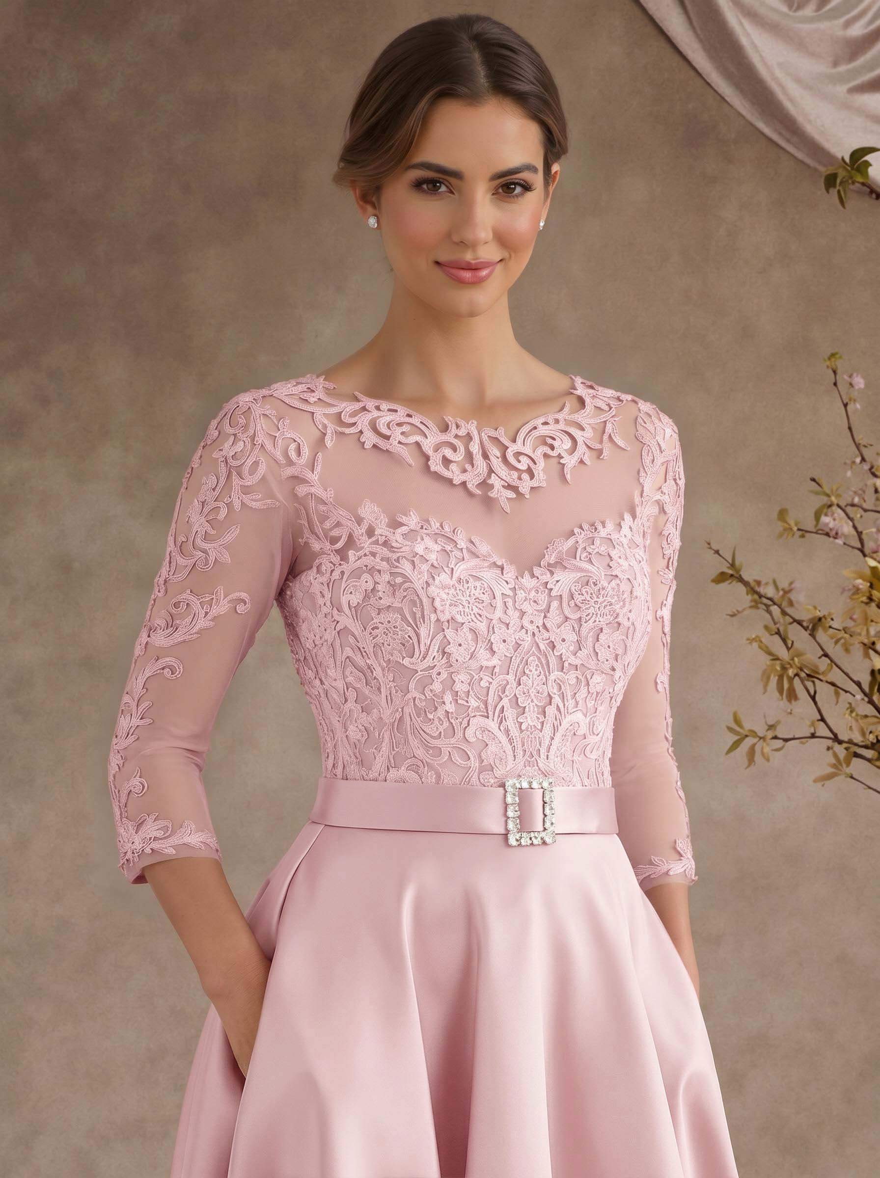 A-Line Illusion Neck 3/4 Sleeves Floor-Length Satin Mother Of The Bride Dresses With Flower(s)