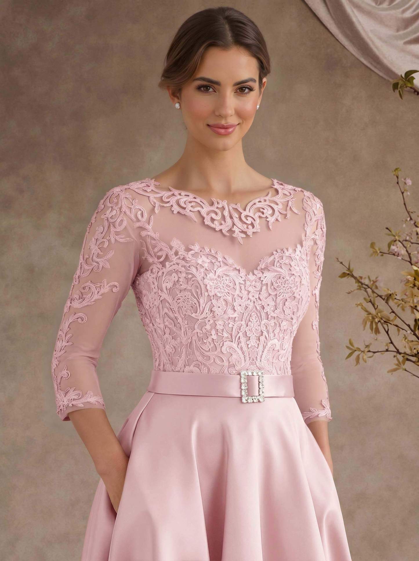 A-Line Illusion Neck 3/4 Sleeves Floor-Length Satin Mother Of The Bride Dresses With Flower(s)