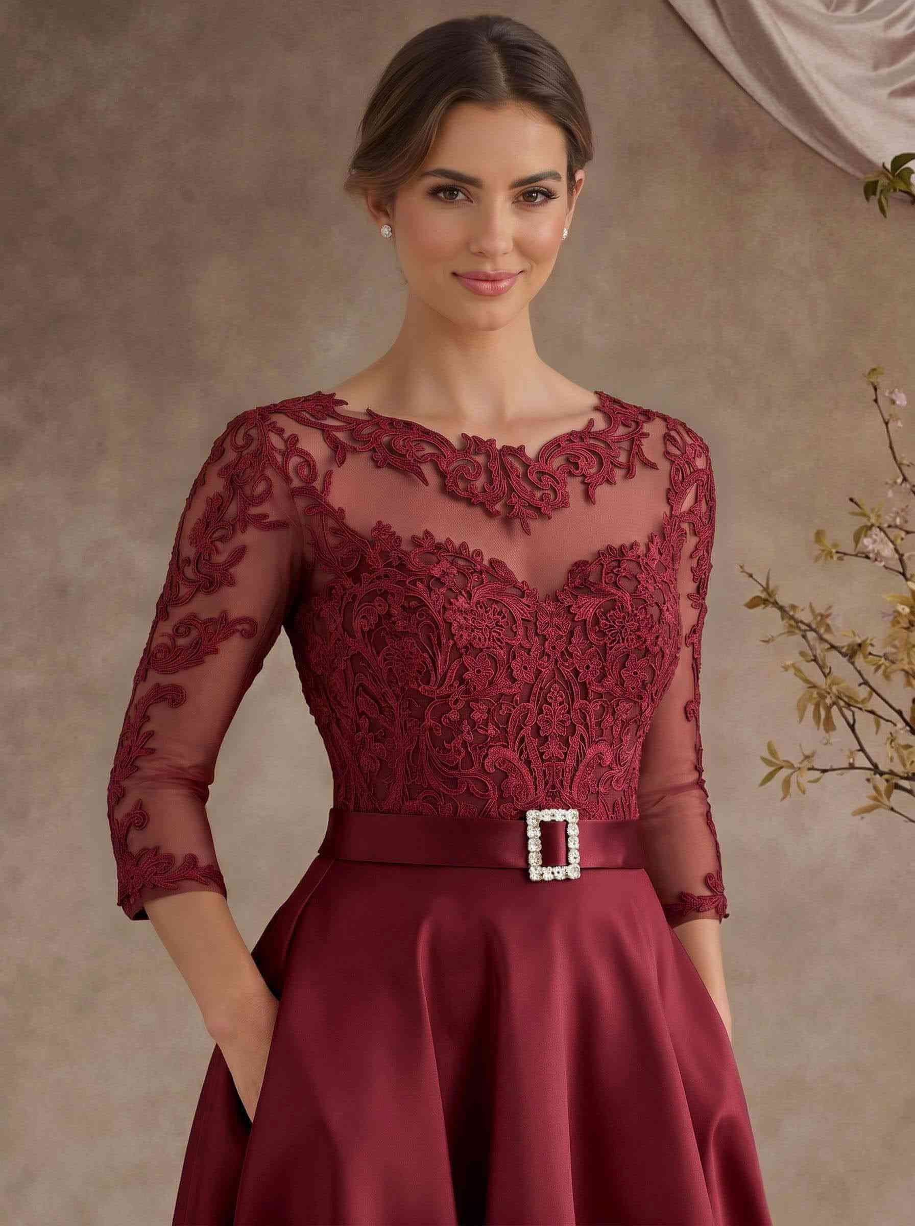 A-Line Illusion Neck 3/4 Sleeves Floor-Length Satin Mother Of The Bride Dresses With Flower(s)