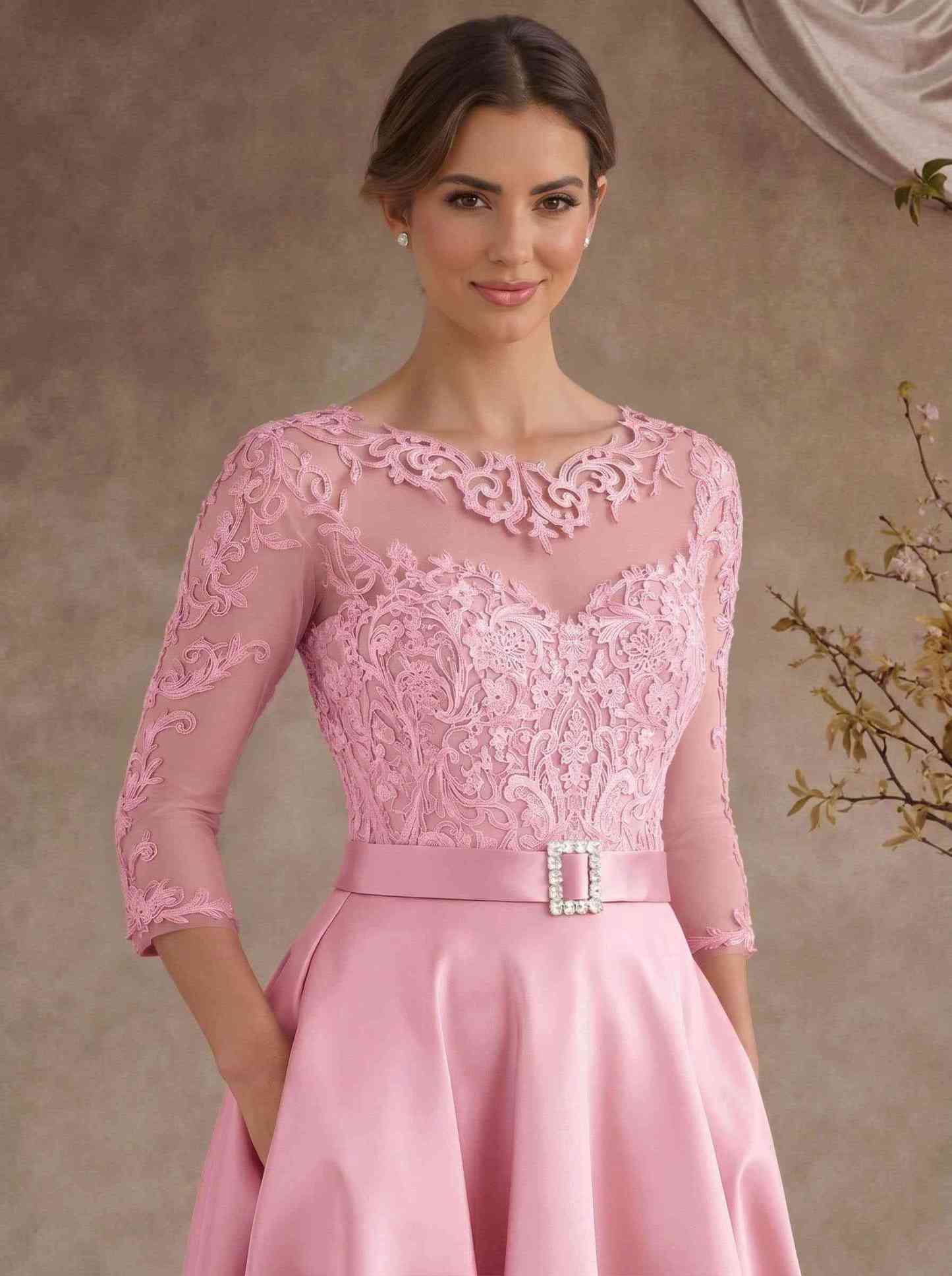 A-Line Illusion Neck 3/4 Sleeves Floor-Length Satin Mother Of The Bride Dresses With Flower(s)