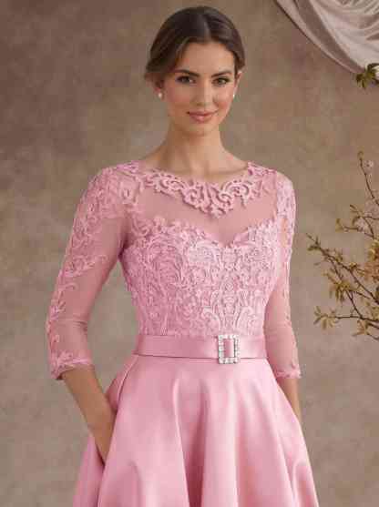 A-Line Illusion Neck 3/4 Sleeves Floor-Length Satin Mother Of The Bride Dresses With Flower(s)