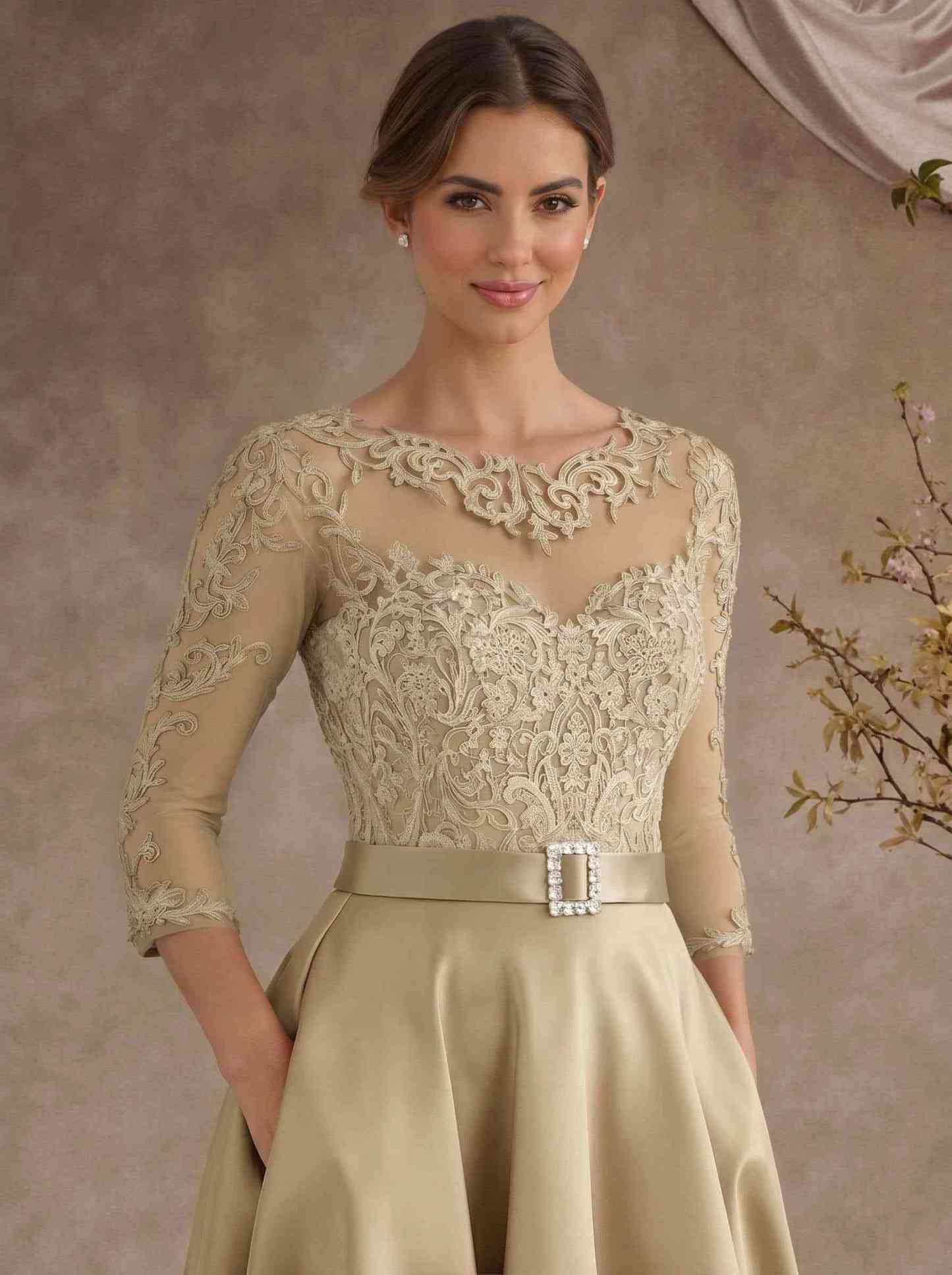 A-Line Illusion Neck 3/4 Sleeves Floor-Length Satin Mother Of The Bride Dresses With Flower(s)