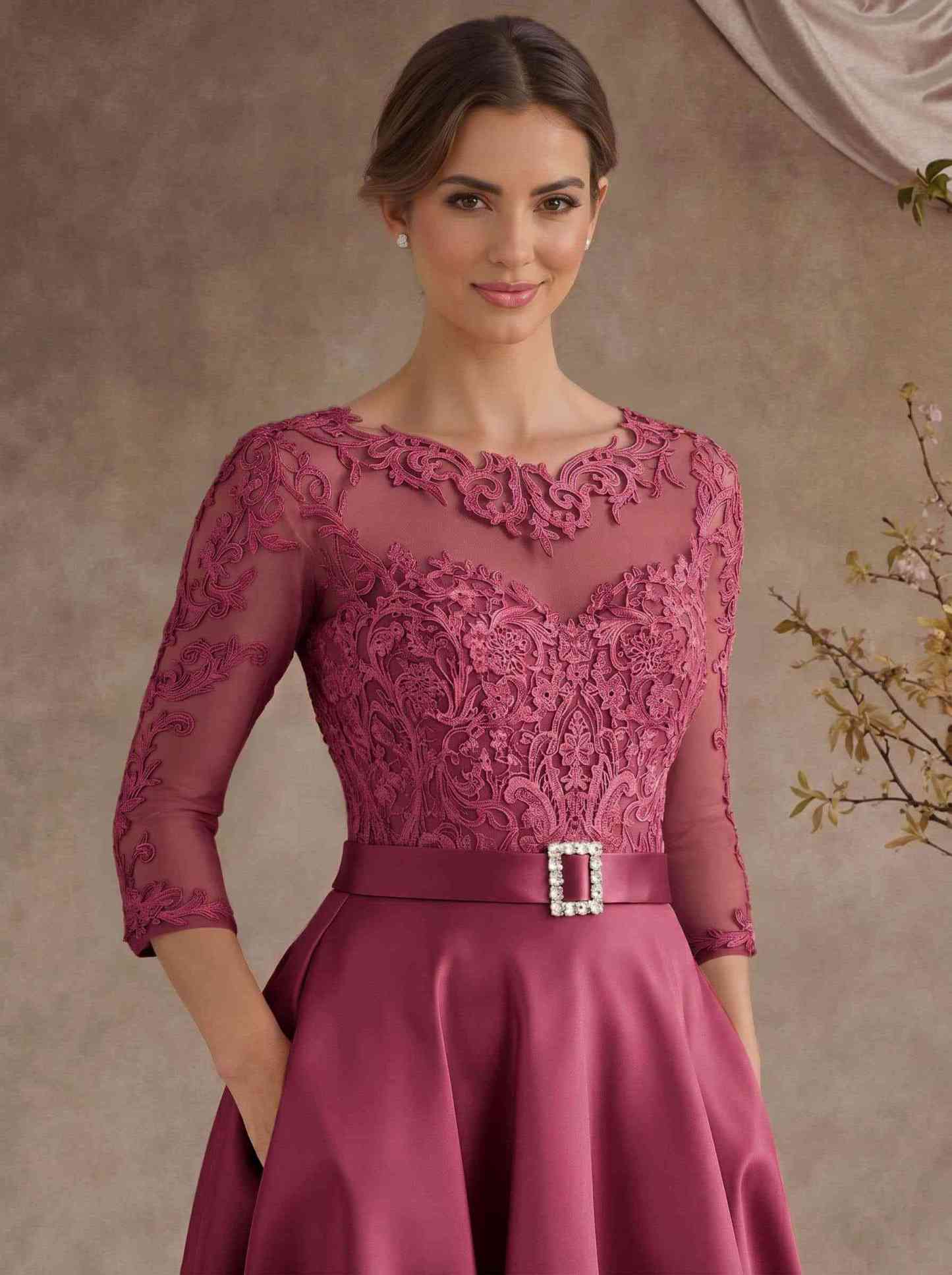 A-Line Illusion Neck 3/4 Sleeves Floor-Length Satin Mother Of The Bride Dresses With Flower(s)