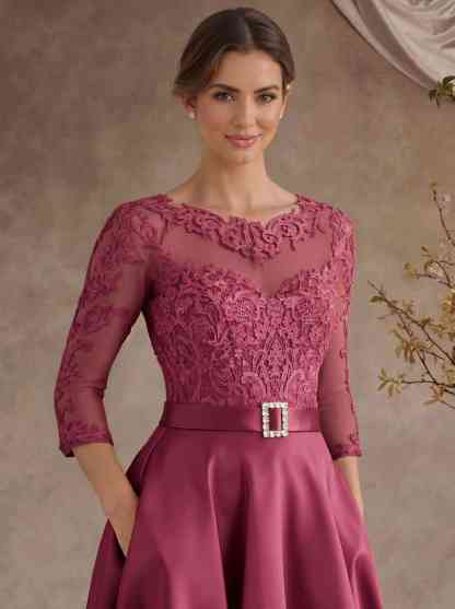 A-Line Illusion Neck 3/4 Sleeves Floor-Length Satin Mother Of The Bride Dresses With Flower(s)