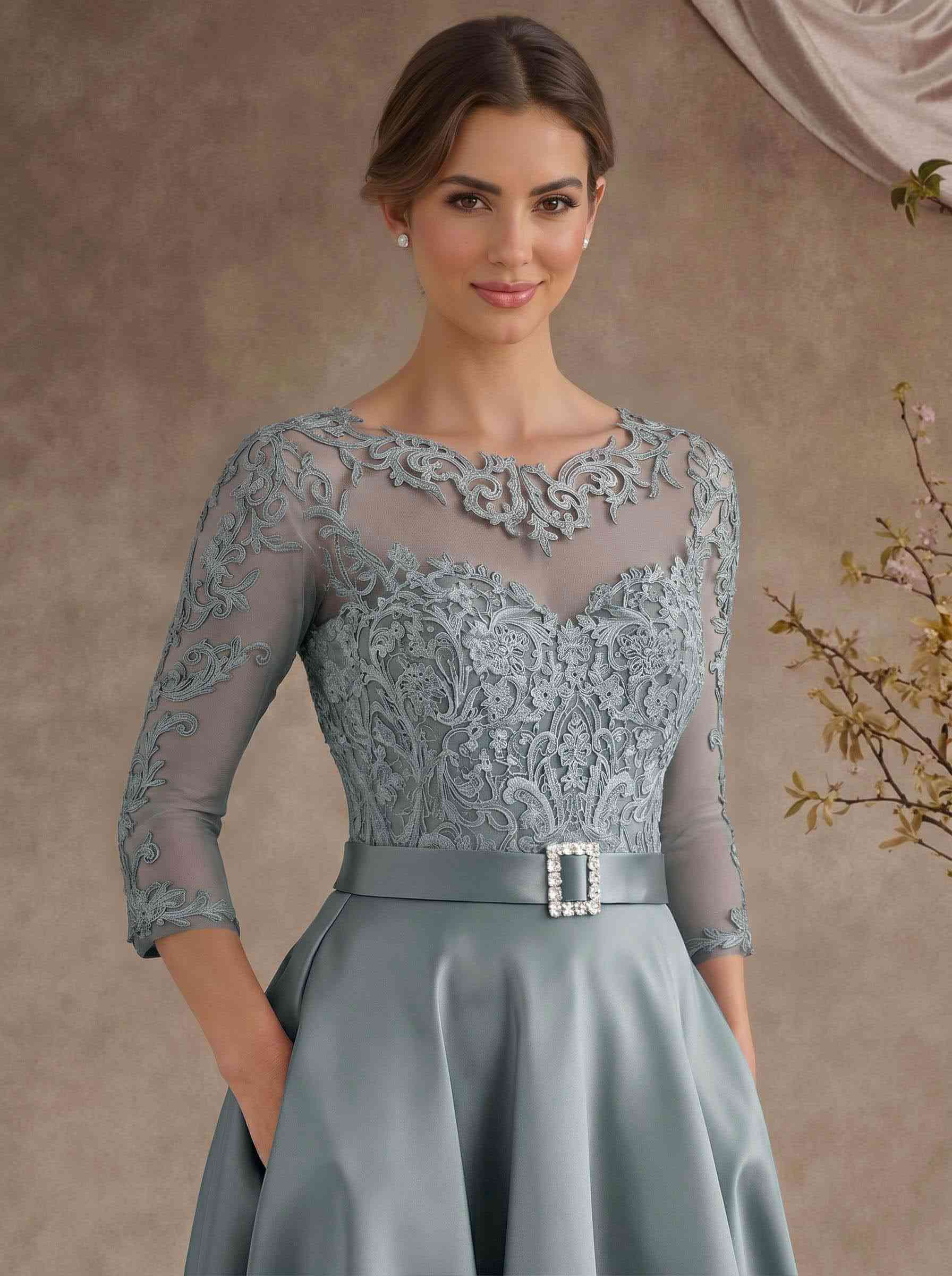 A-Line Illusion Neck 3/4 Sleeves Floor-Length Satin Mother Of The Bride Dresses With Flower(s)