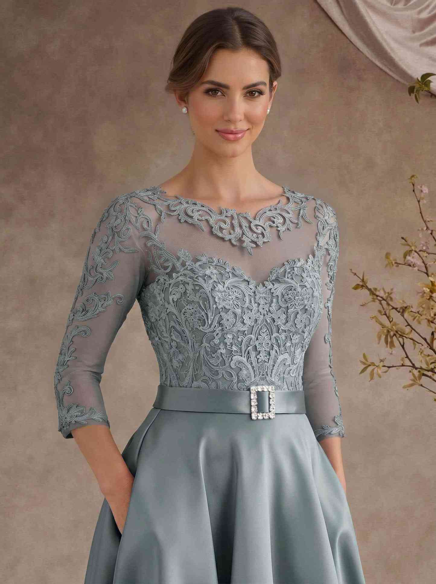A-Line Illusion Neck 3/4 Sleeves Floor-Length Satin Mother Of The Bride Dresses With Flower(s)
