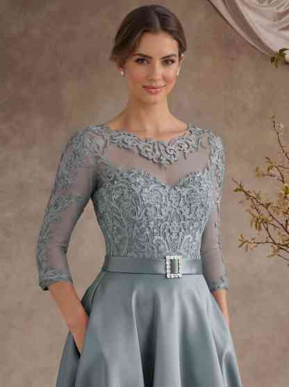 A-Line Illusion Neck 3/4 Sleeves Floor-Length Satin Mother Of The Bride Dresses With Flower(s)