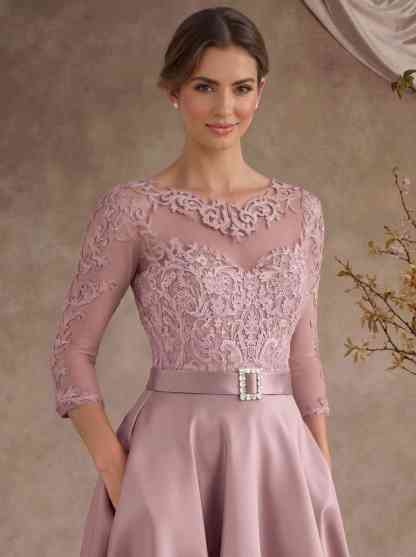A-Line Illusion Neck 3/4 Sleeves Floor-Length Satin Mother Of The Bride Dresses With Flower(s)