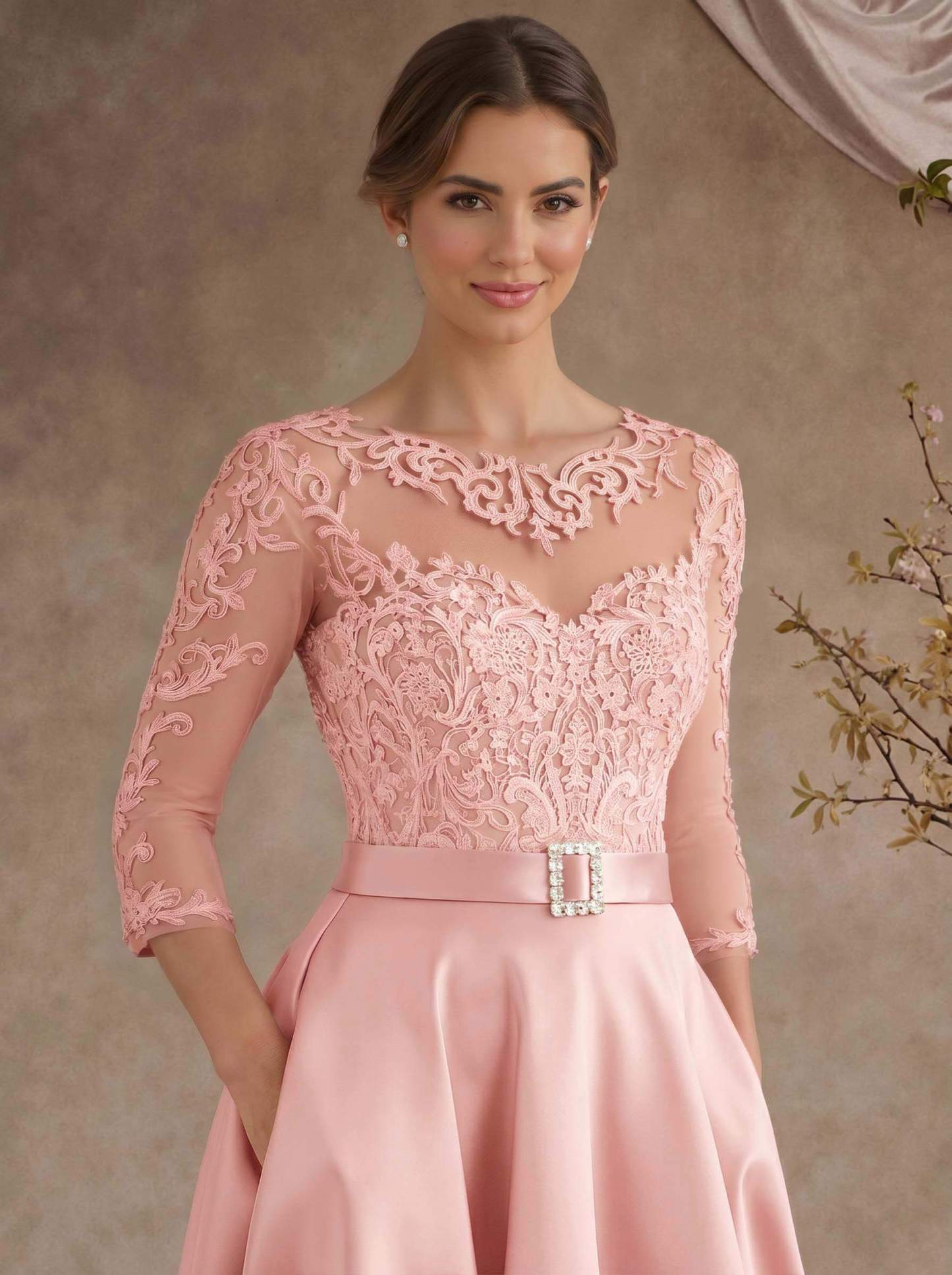 A-Line Illusion Neck 3/4 Sleeves Floor-Length Satin Mother Of The Bride Dresses With Flower(s)
