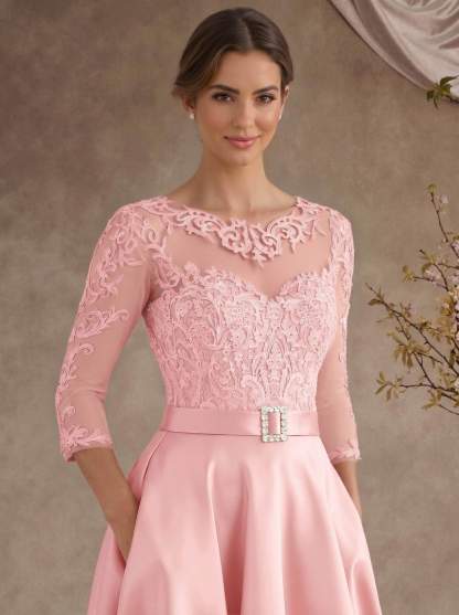 A-Line Illusion Neck 3/4 Sleeves Floor-Length Satin Mother Of The Bride Dresses With Flower(s)