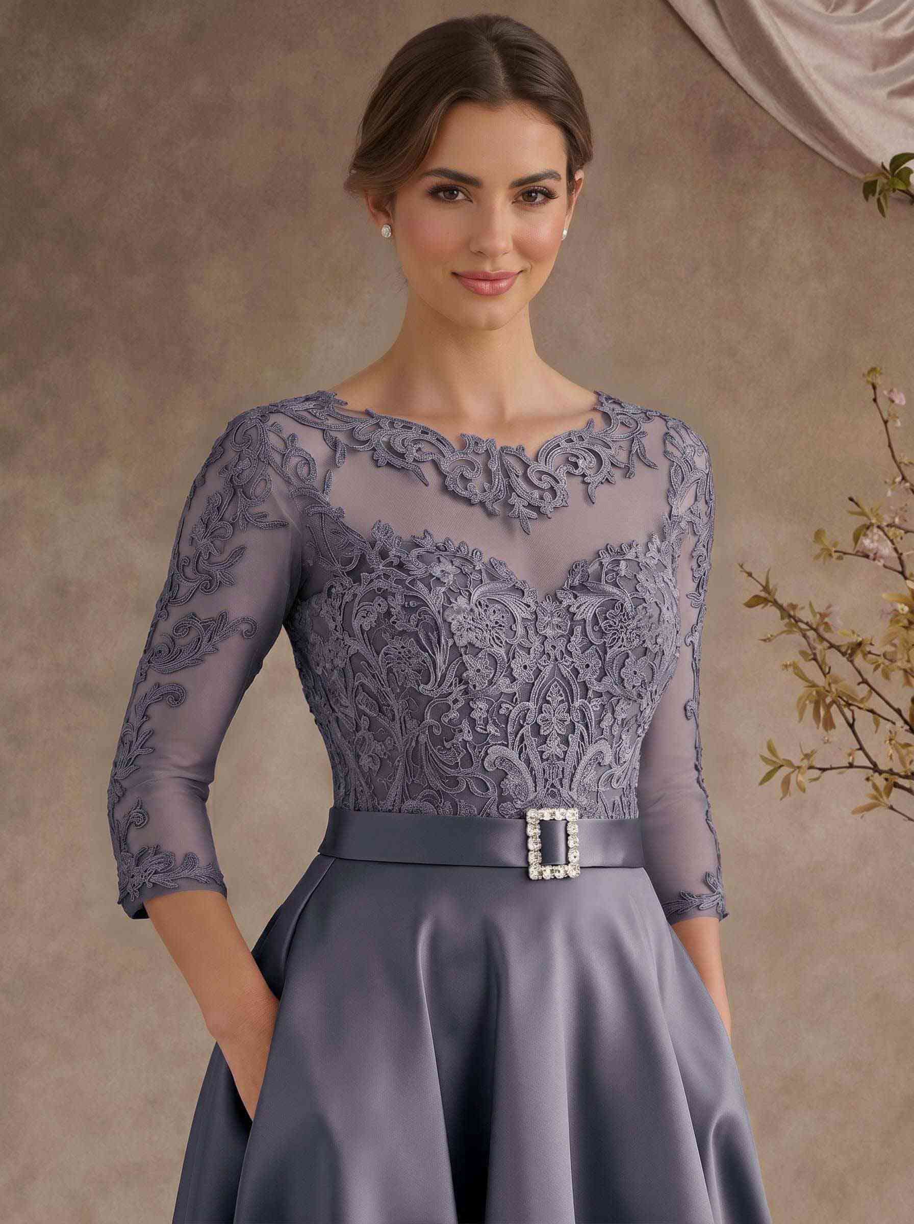 A-Line Illusion Neck 3/4 Sleeves Floor-Length Satin Mother Of The Bride Dresses With Flower(s)