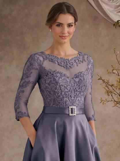 A-Line Illusion Neck 3/4 Sleeves Floor-Length Satin Mother Of The Bride Dresses With Flower(s)