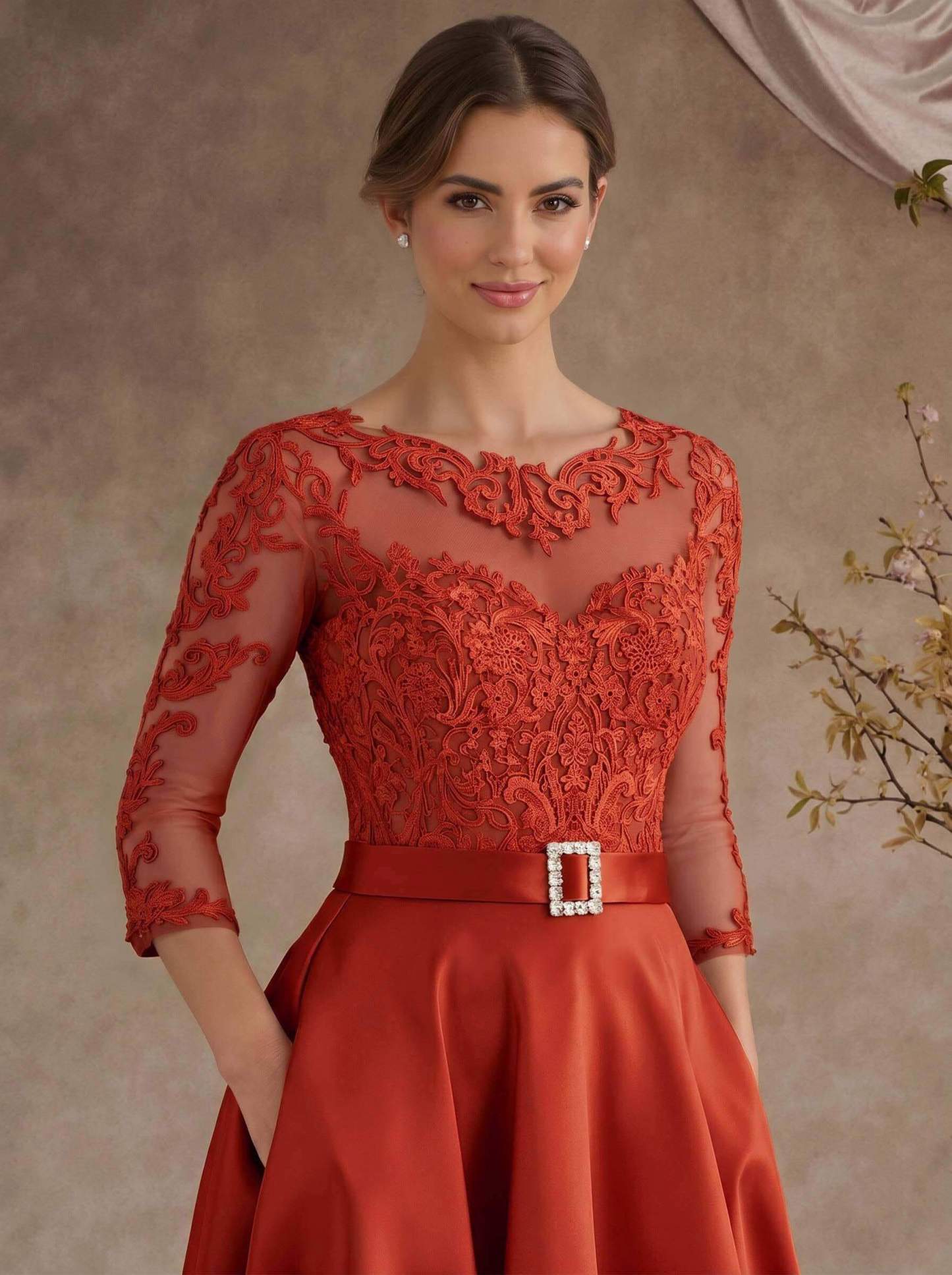 A-Line Illusion Neck 3/4 Sleeves Floor-Length Satin Mother Of The Bride Dresses With Flower(s)