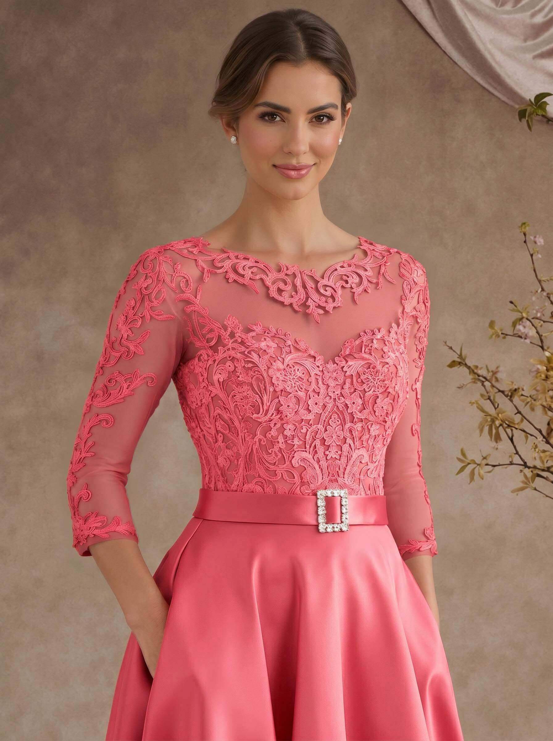 A-Line Illusion Neck 3/4 Sleeves Floor-Length Satin Mother Of The Bride Dresses With Flower(s)