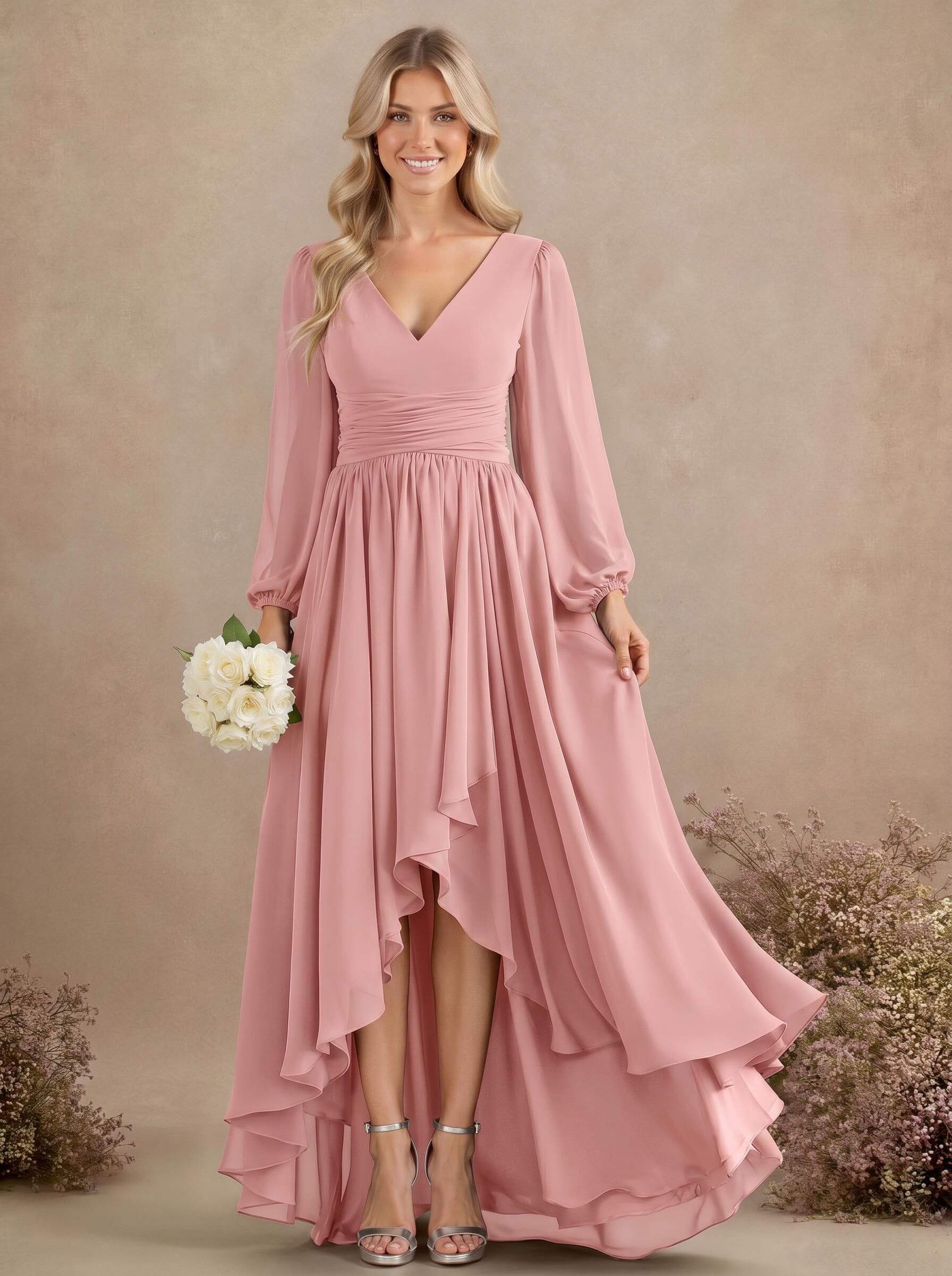 A-Line V-Neck Long Sleeves Floor-Length Chiffon Bridesmaid Dresses With Pleated, product image 23