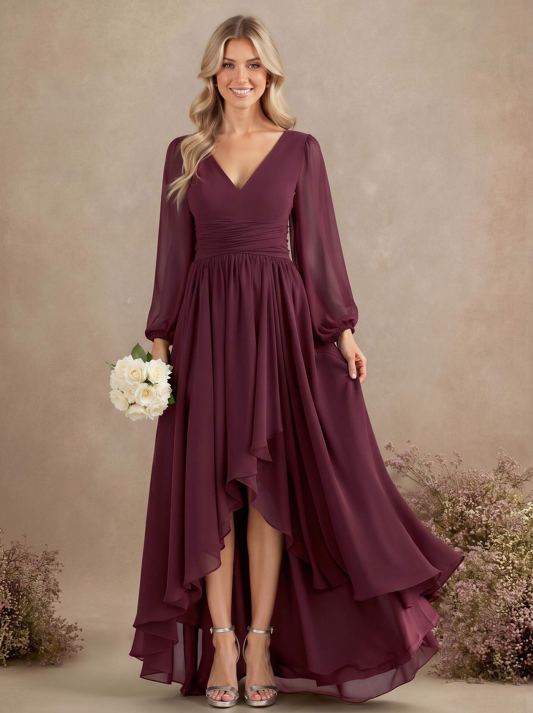 A-Line V-Neck Long Sleeves Floor-Length Chiffon Bridesmaid Dresses With Pleated, product image 14