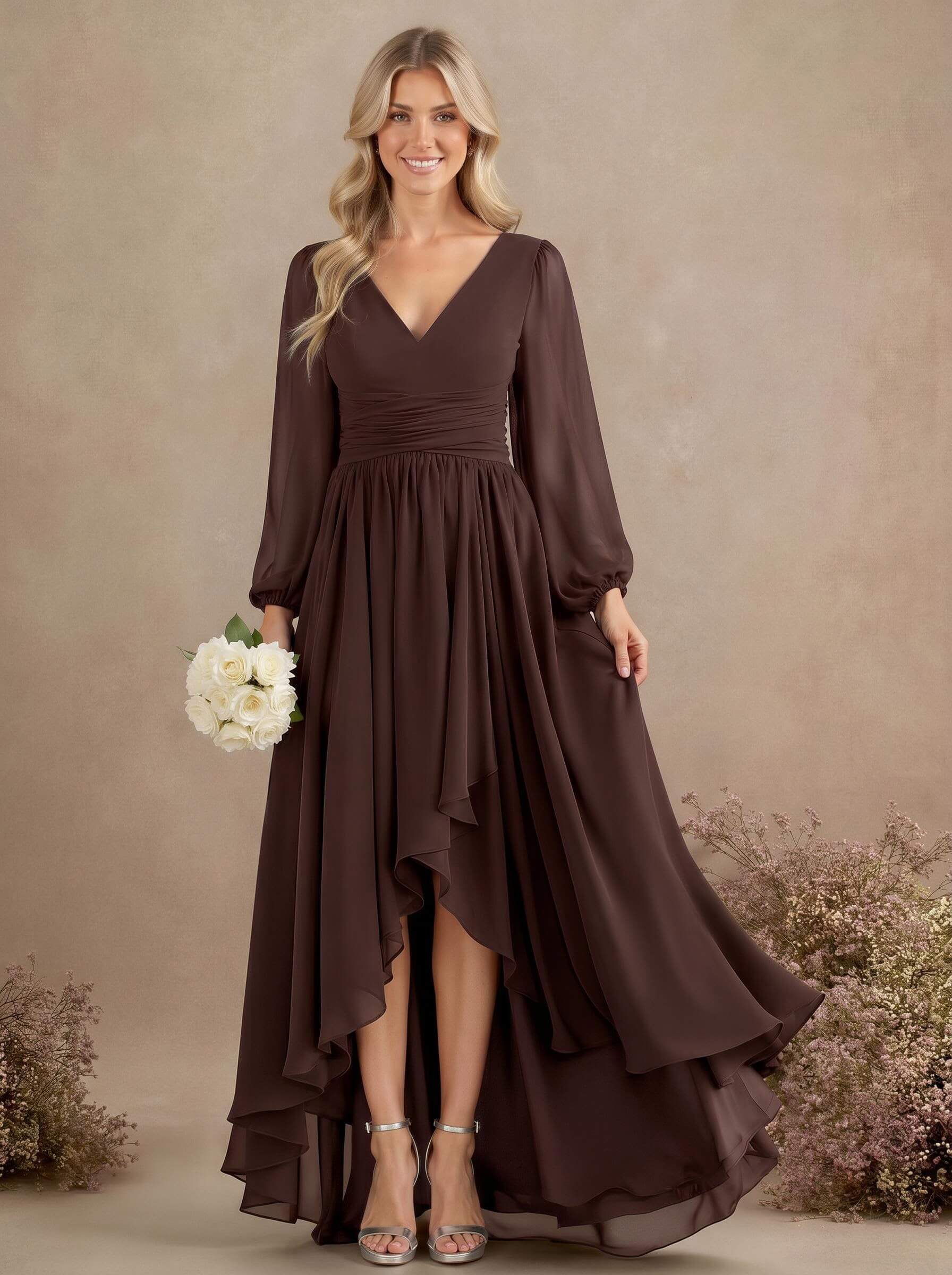 A-Line V-Neck Long Sleeves Floor-Length Chiffon Bridesmaid Dresses With Pleated, product image 55