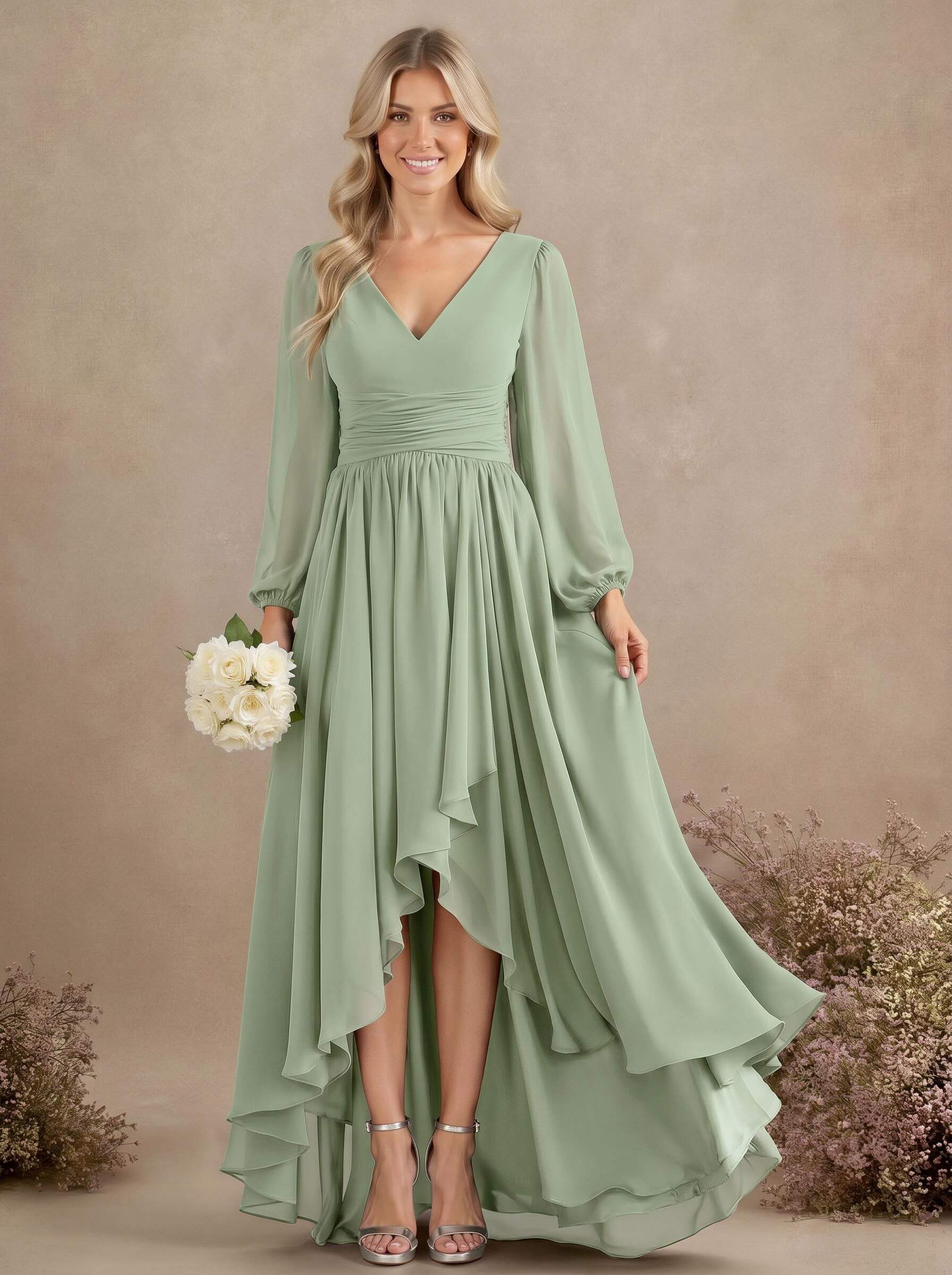A-Line V-Neck Long Sleeves Floor-Length Chiffon Bridesmaid Dresses With Pleated, product image 45