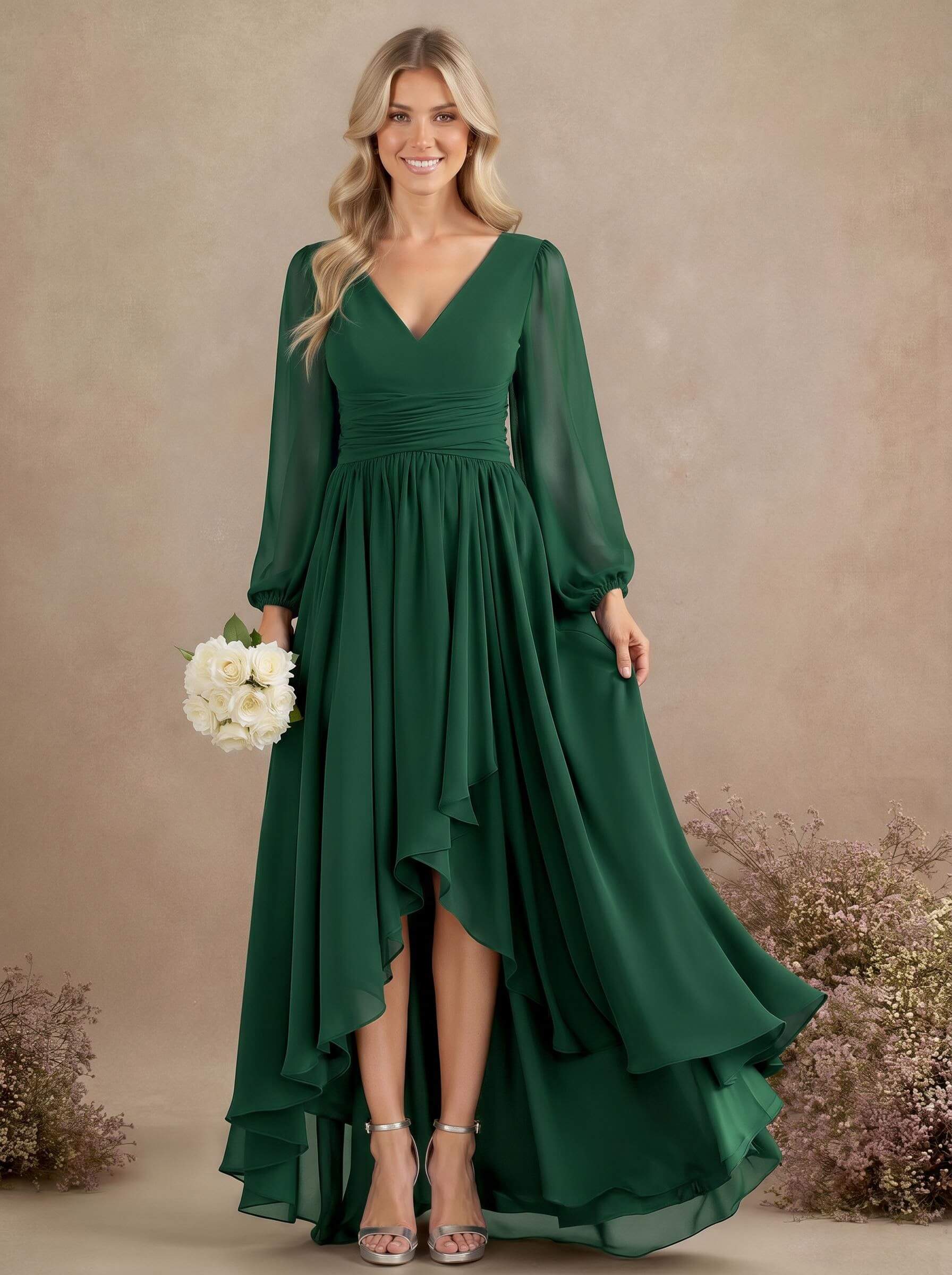 A-Line V-Neck Long Sleeves Floor-Length Chiffon Bridesmaid Dresses With Pleated, product image 41