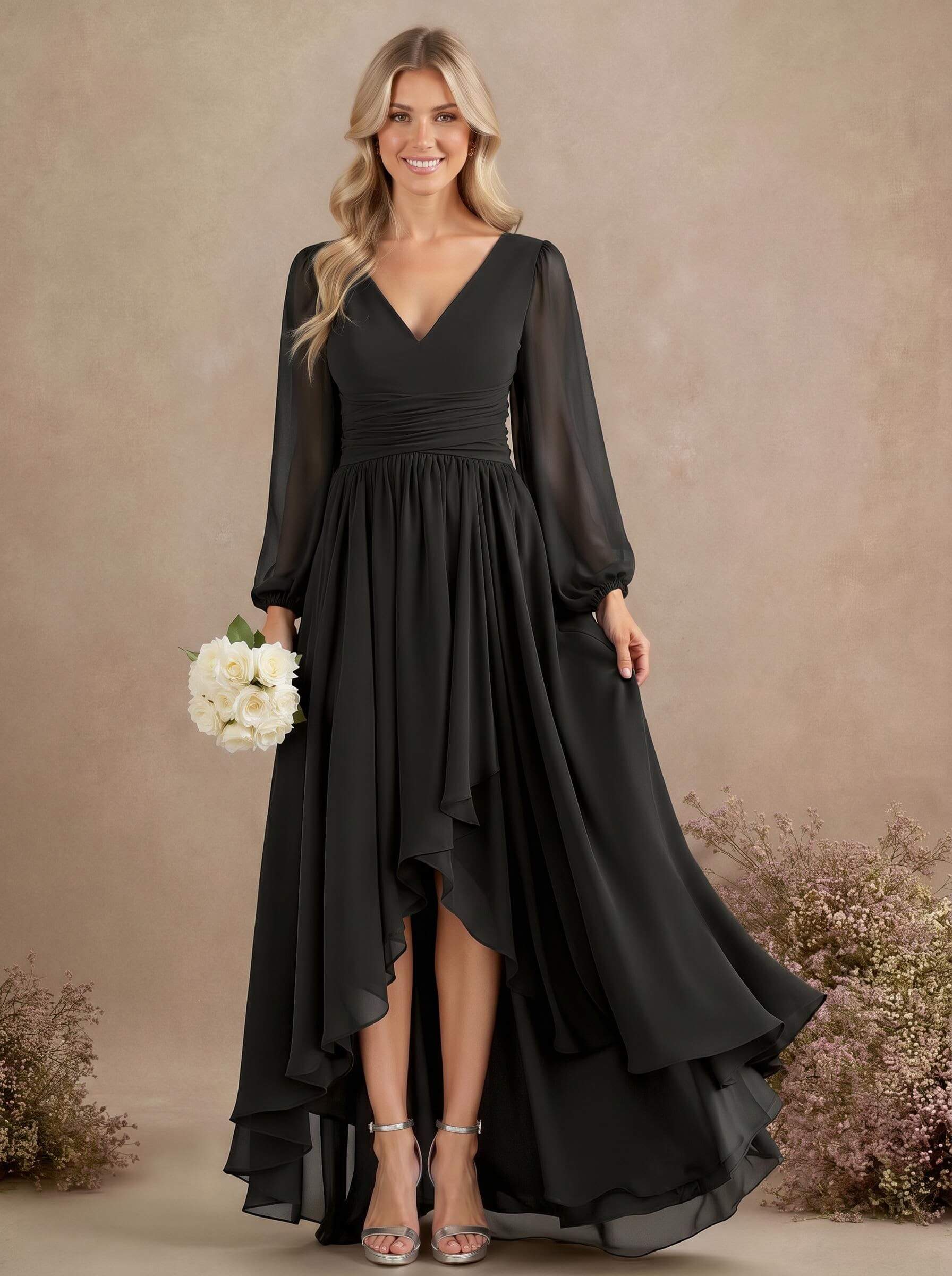 A-Line V-Neck Long Sleeves Floor-Length Chiffon Bridesmaid Dresses With Pleated, product image 60