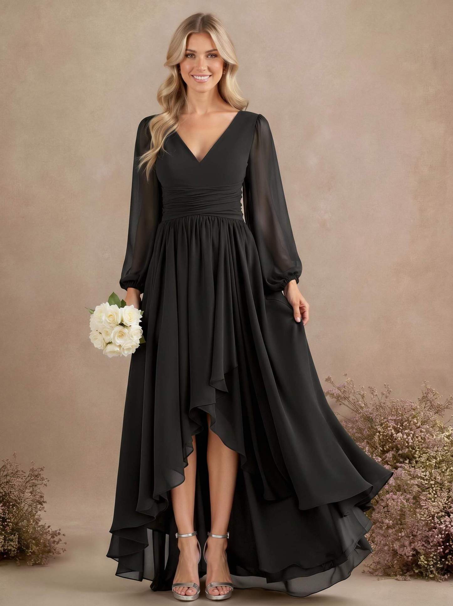 A-Line V-Neck Long Sleeves Floor-Length Chiffon Bridesmaid Dresses With Pleated, product image 60
