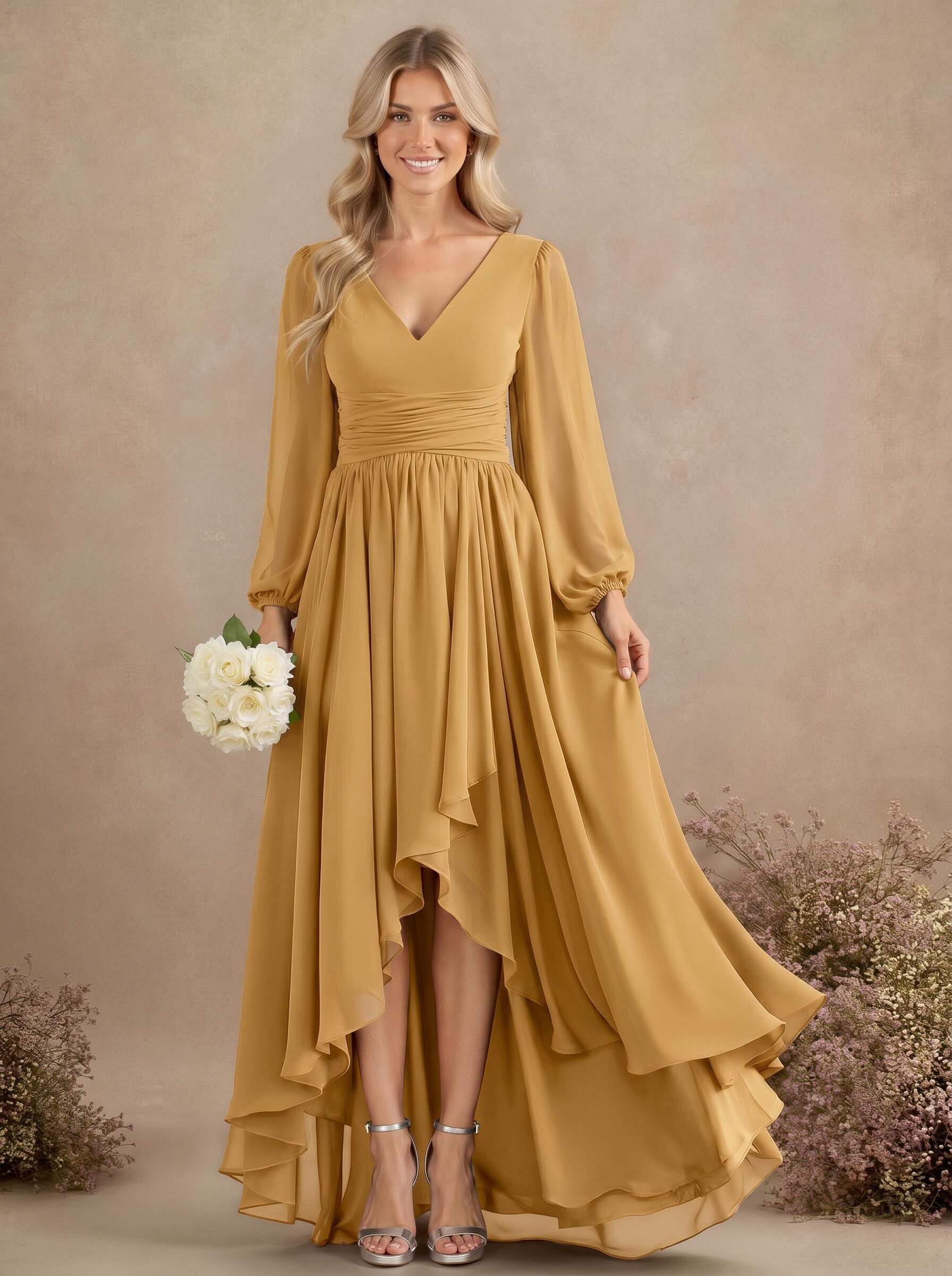 A-Line V-Neck Long Sleeves Floor-Length Chiffon Bridesmaid Dresses With Pleated, product image 52