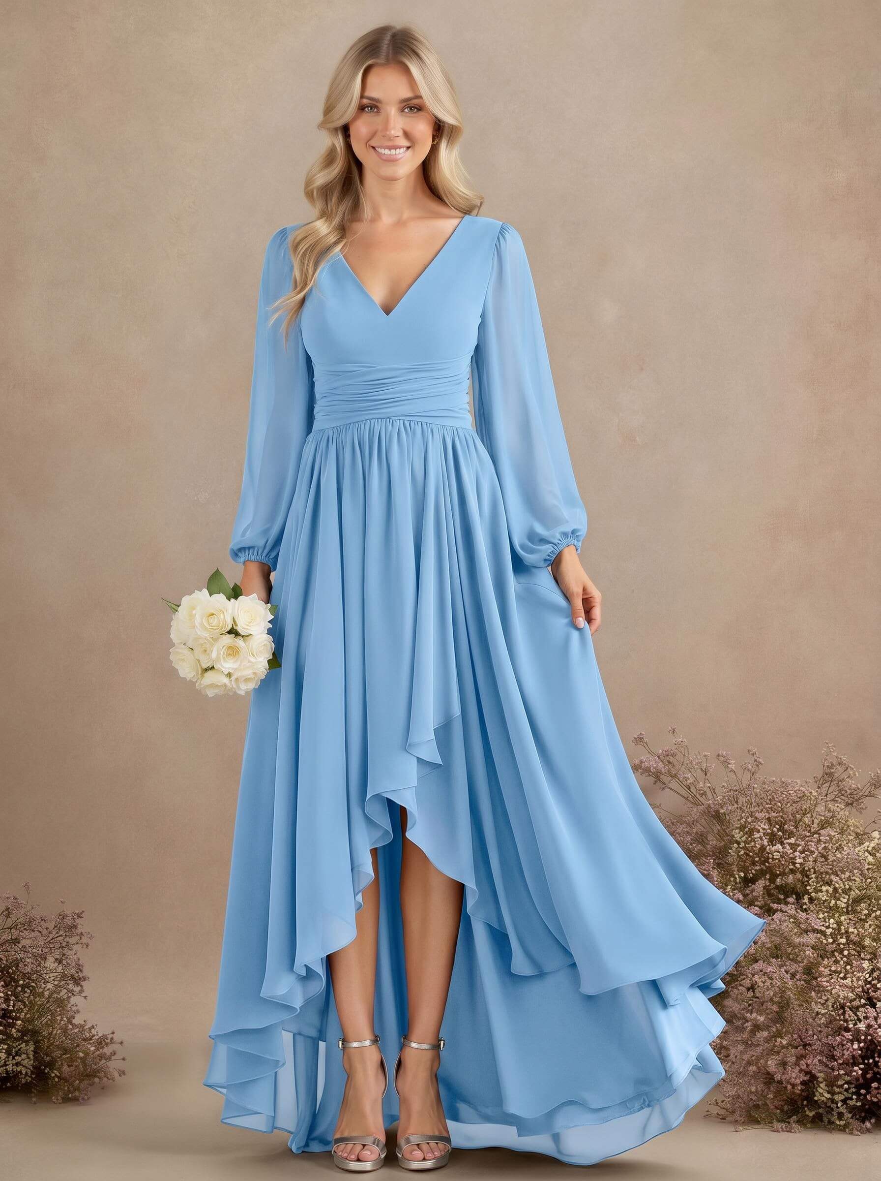 A-Line V-Neck Long Sleeves Floor-Length Chiffon Bridesmaid Dresses With Pleated, product image 11