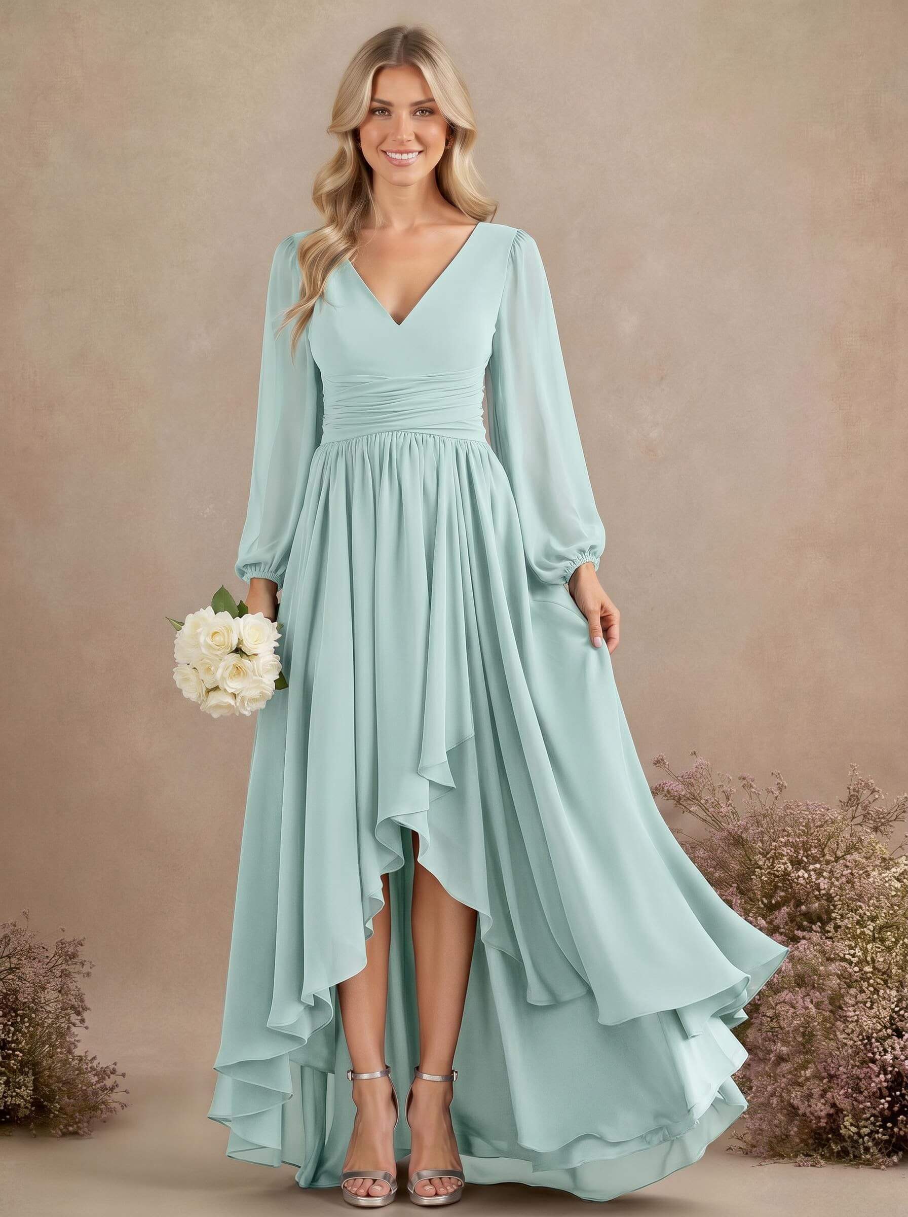 A-Line V-Neck Long Sleeves Floor-Length Chiffon Bridesmaid Dresses With Pleated, product image 13