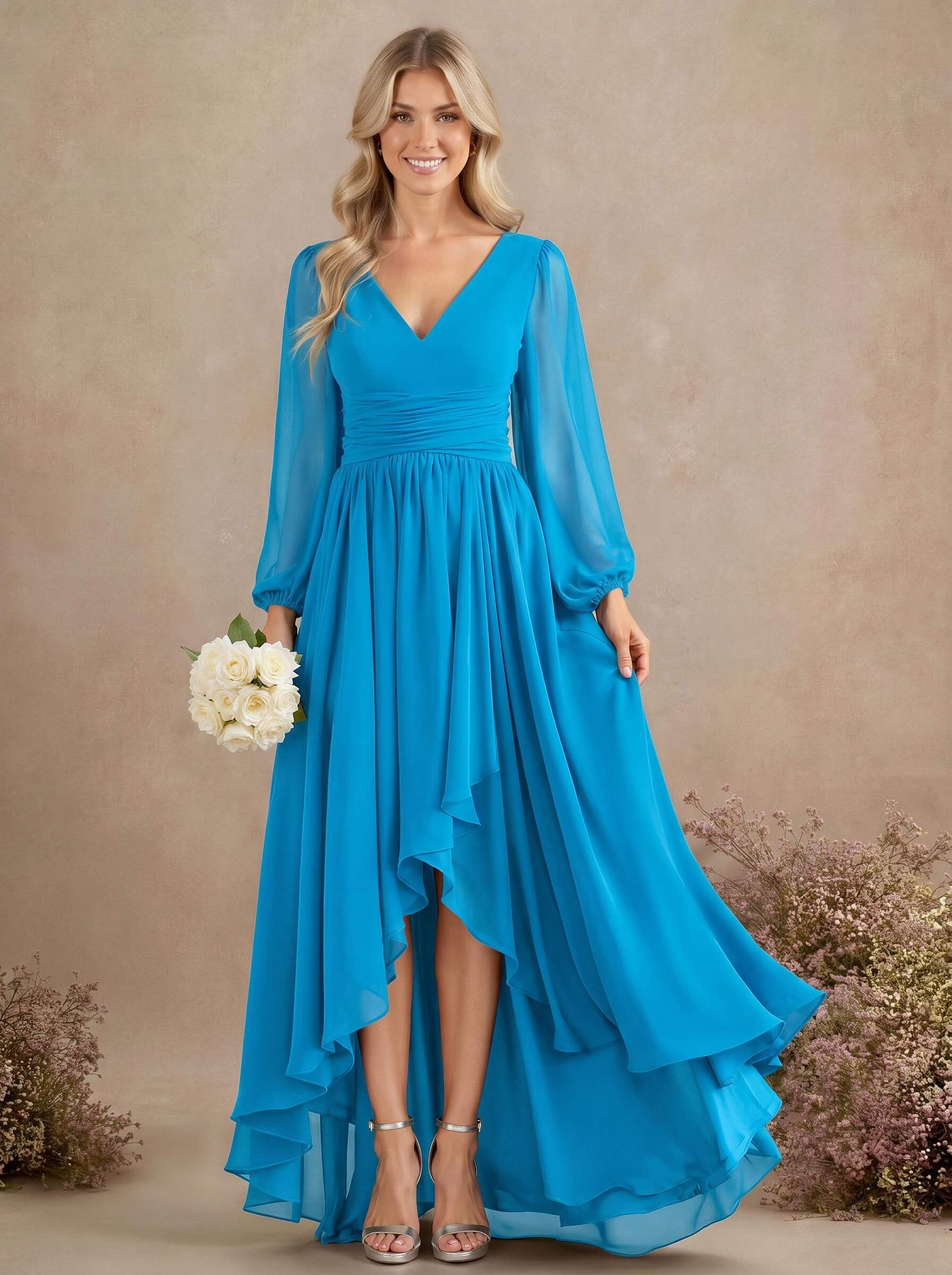 A-Line V-Neck Long Sleeves Floor-Length Chiffon Bridesmaid Dresses With Pleated, product image 9