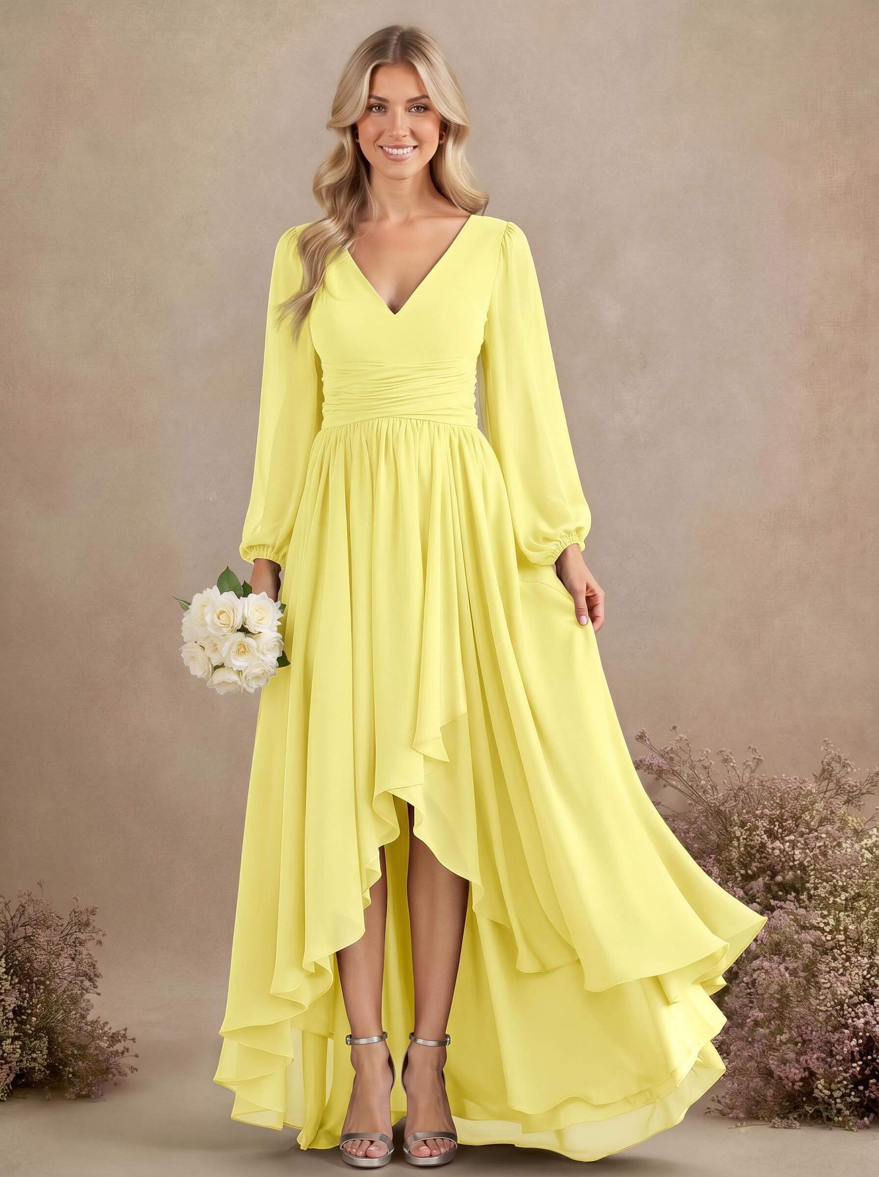 A-Line V-Neck Long Sleeves Floor-Length Chiffon Bridesmaid Dresses With Pleated, product image 51