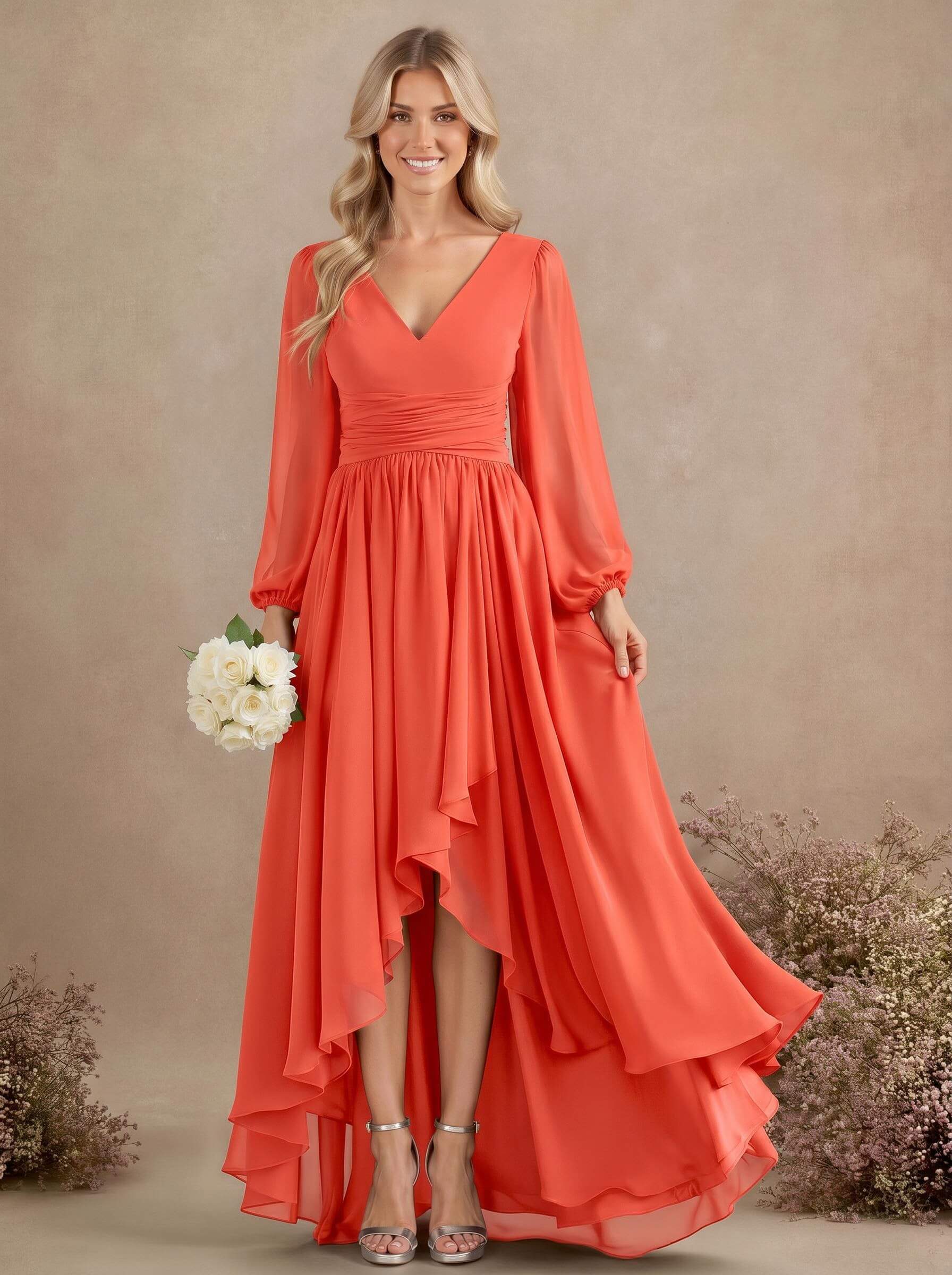 A-Line V-Neck Long Sleeves Floor-Length Chiffon Bridesmaid Dresses With Pleated, product image 54