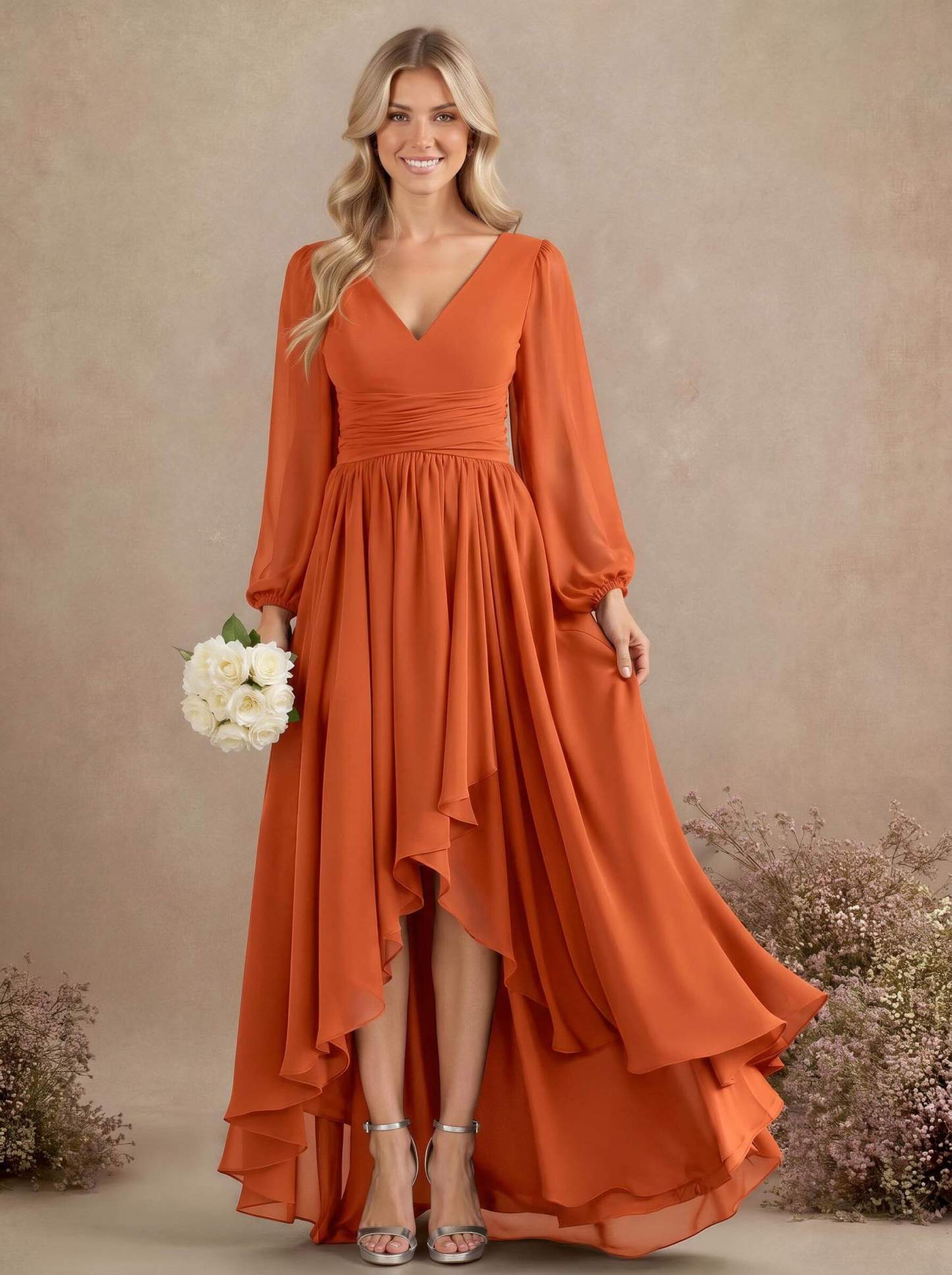 A-Line V-Neck Long Sleeves Floor-Length Chiffon Bridesmaid Dresses With Pleated, product image 53