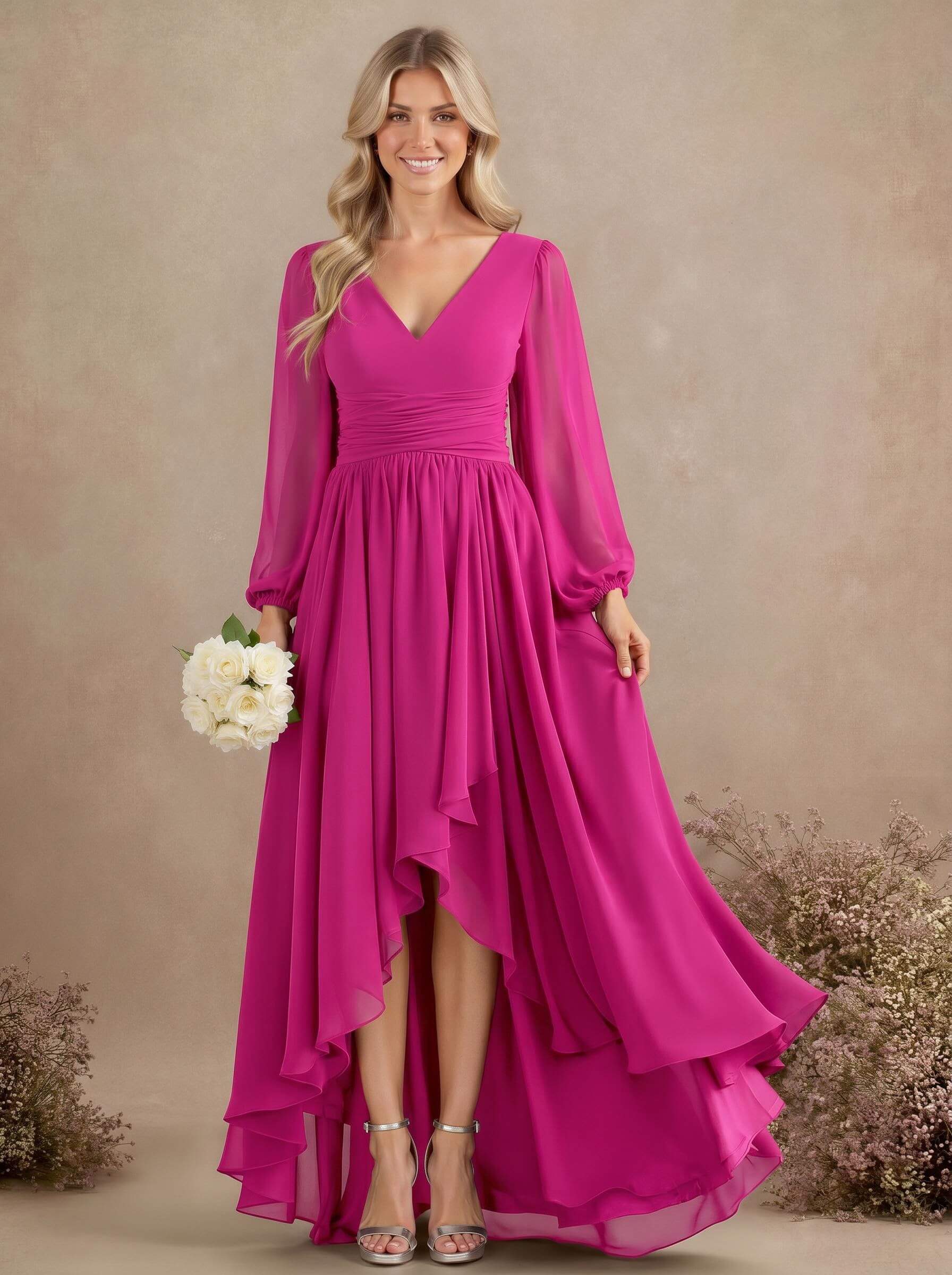 A-Line V-Neck Long Sleeves Floor-Length Chiffon Bridesmaid Dresses With Pleated, product image 39