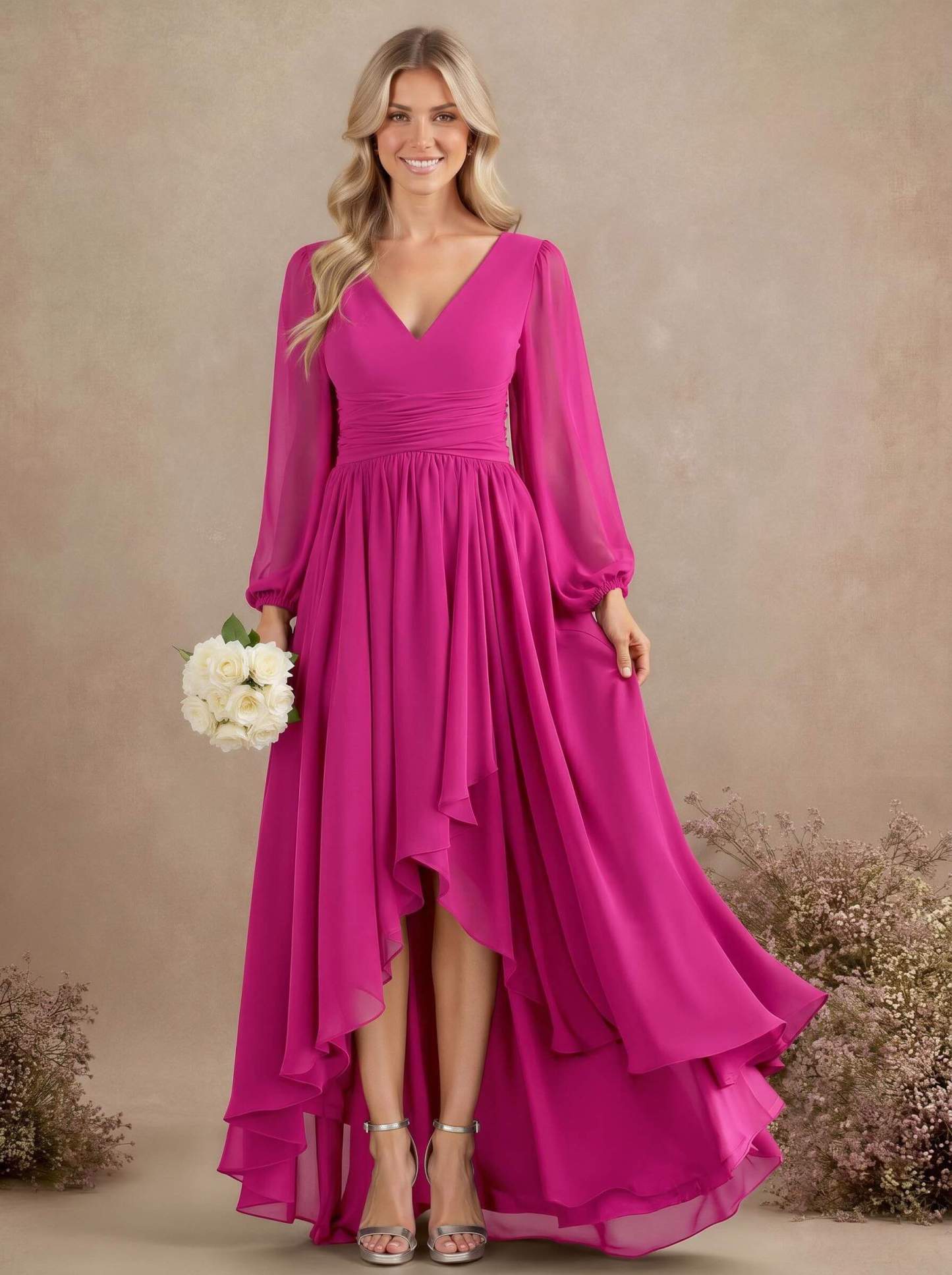 A-Line V-Neck Long Sleeves Floor-Length Chiffon Bridesmaid Dresses With Pleated, product image 39