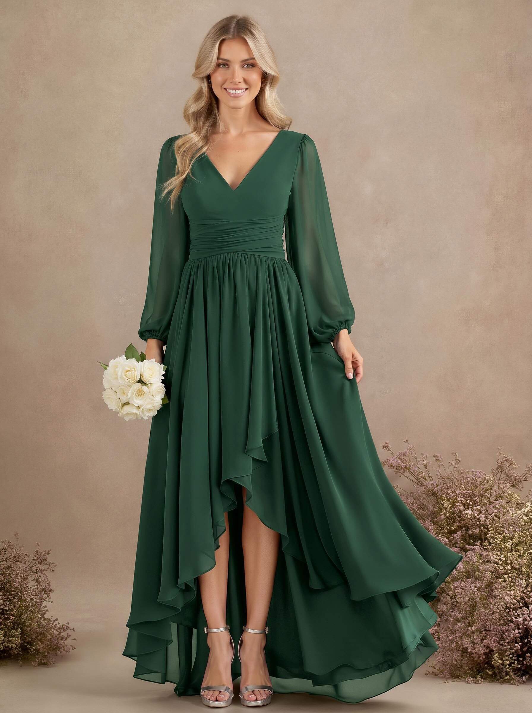 A-Line V-Neck Long Sleeves Floor-Length Chiffon Bridesmaid Dresses With Pleated, product image 42