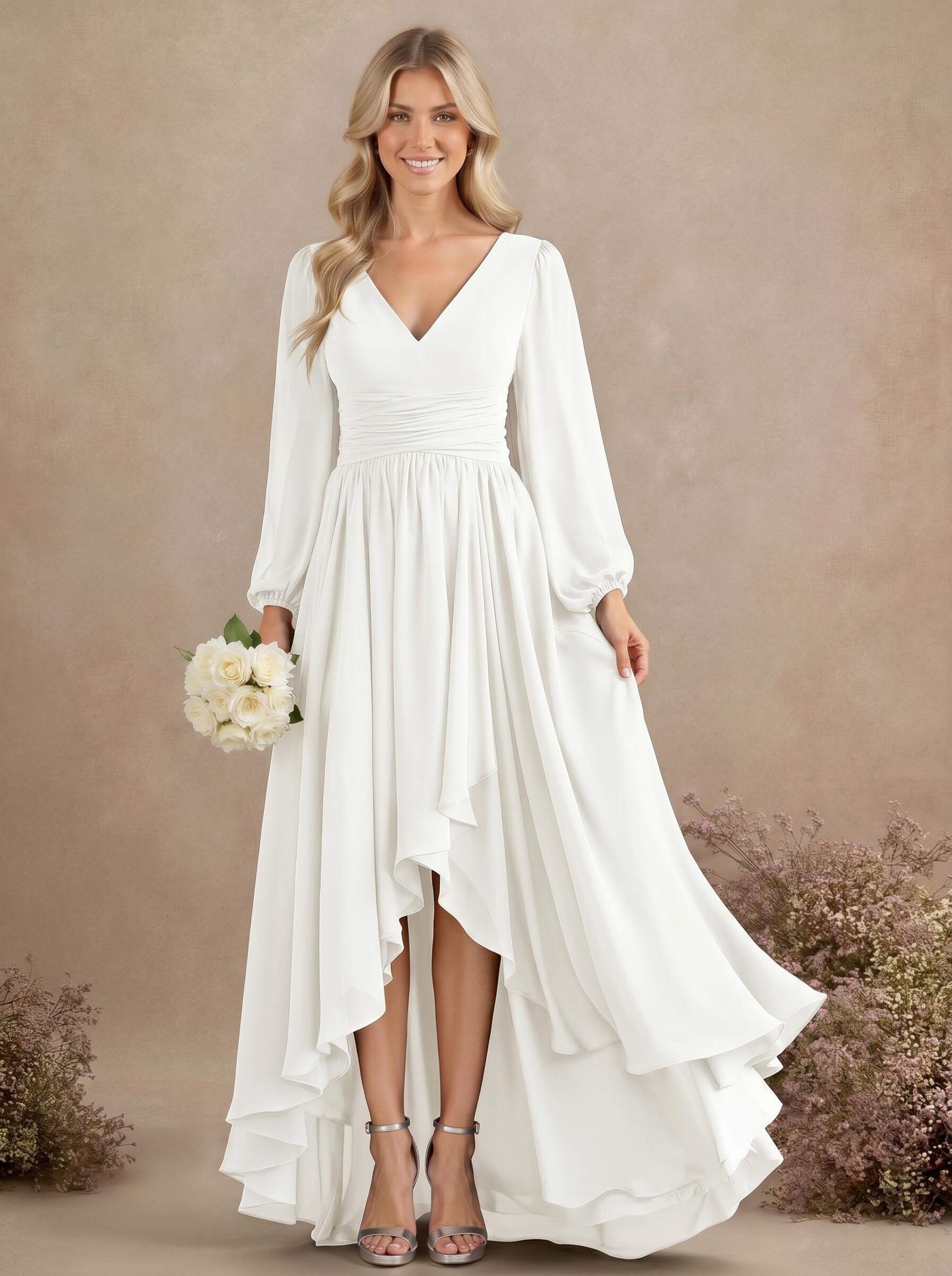 A-Line V-Neck Long Sleeves Floor-Length Chiffon Bridesmaid Dresses With Pleated, product image 56