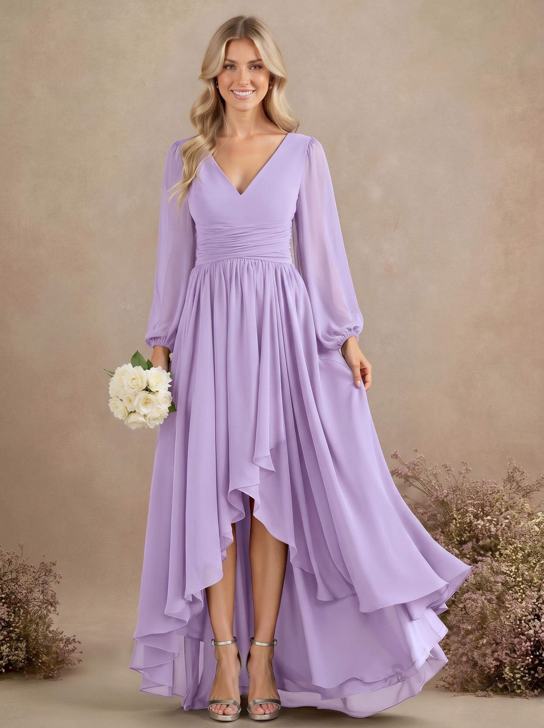 A-Line V-Neck Long Sleeves Floor-Length Chiffon Bridesmaid Dresses With Pleated, product image 32