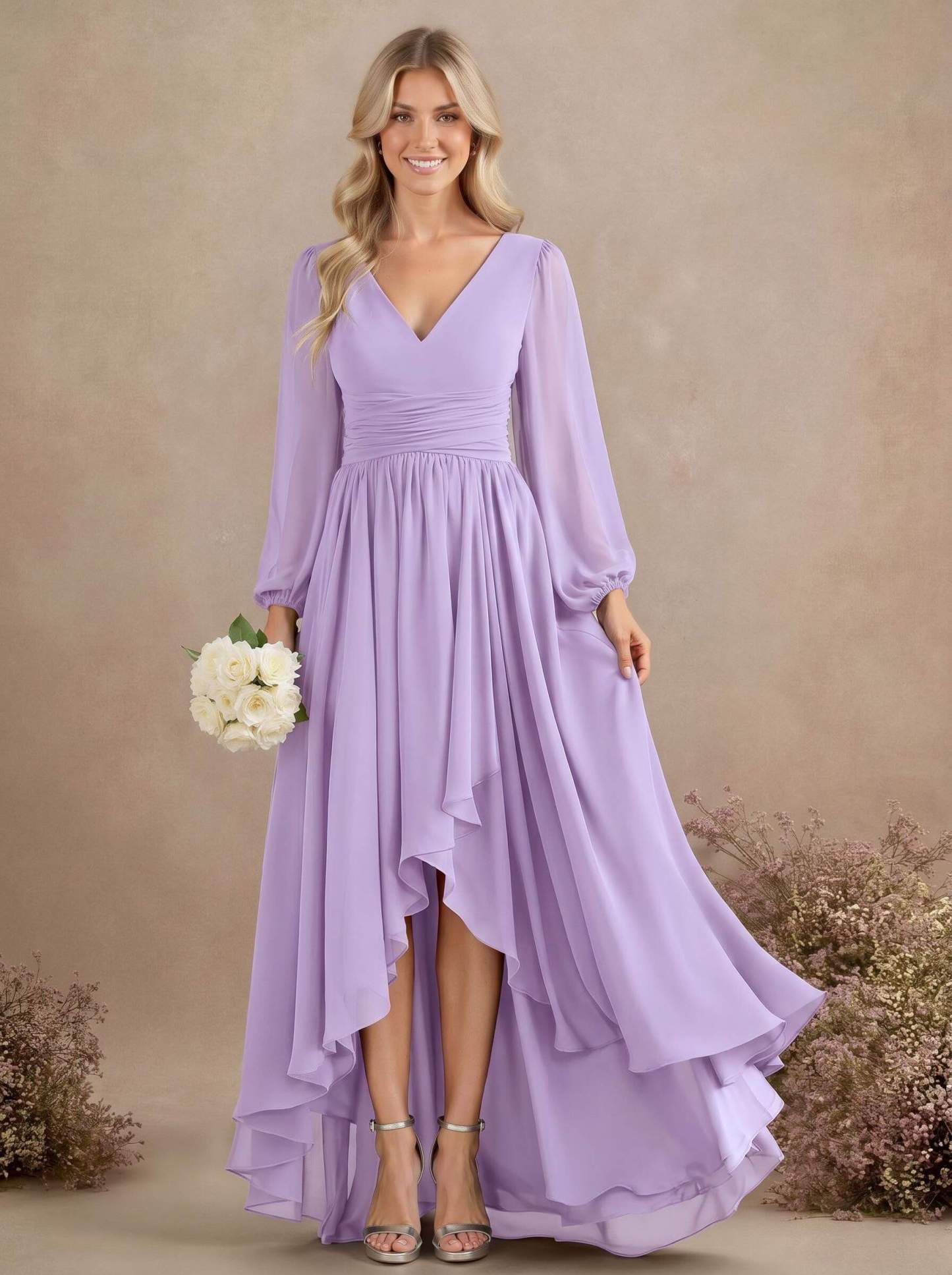 A-Line V-Neck Long Sleeves Floor-Length Chiffon Bridesmaid Dresses With Pleated, product image 32
