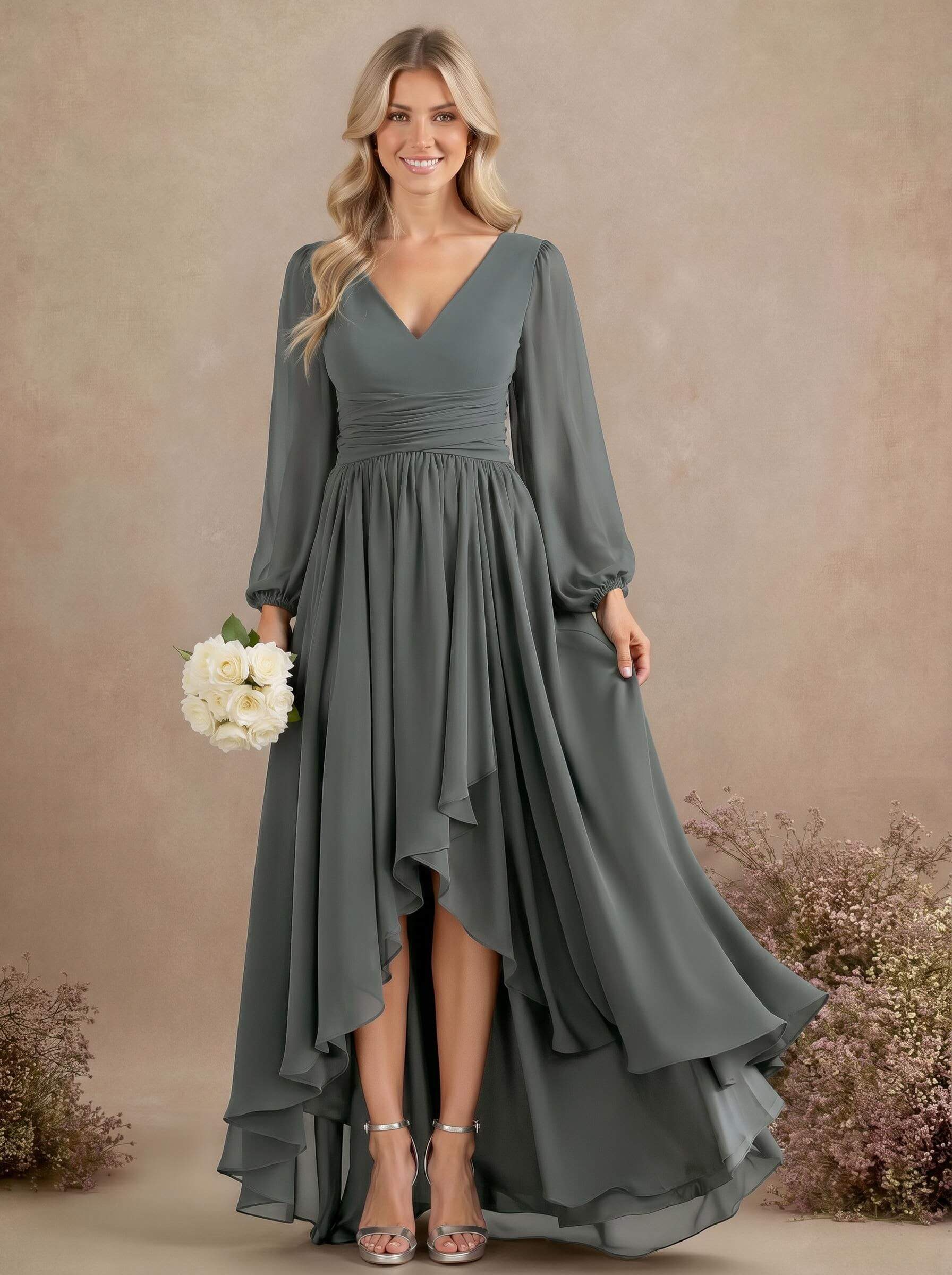 A-Line V-Neck Long Sleeves Floor-Length Chiffon Bridesmaid Dresses With Pleated, product image 59
